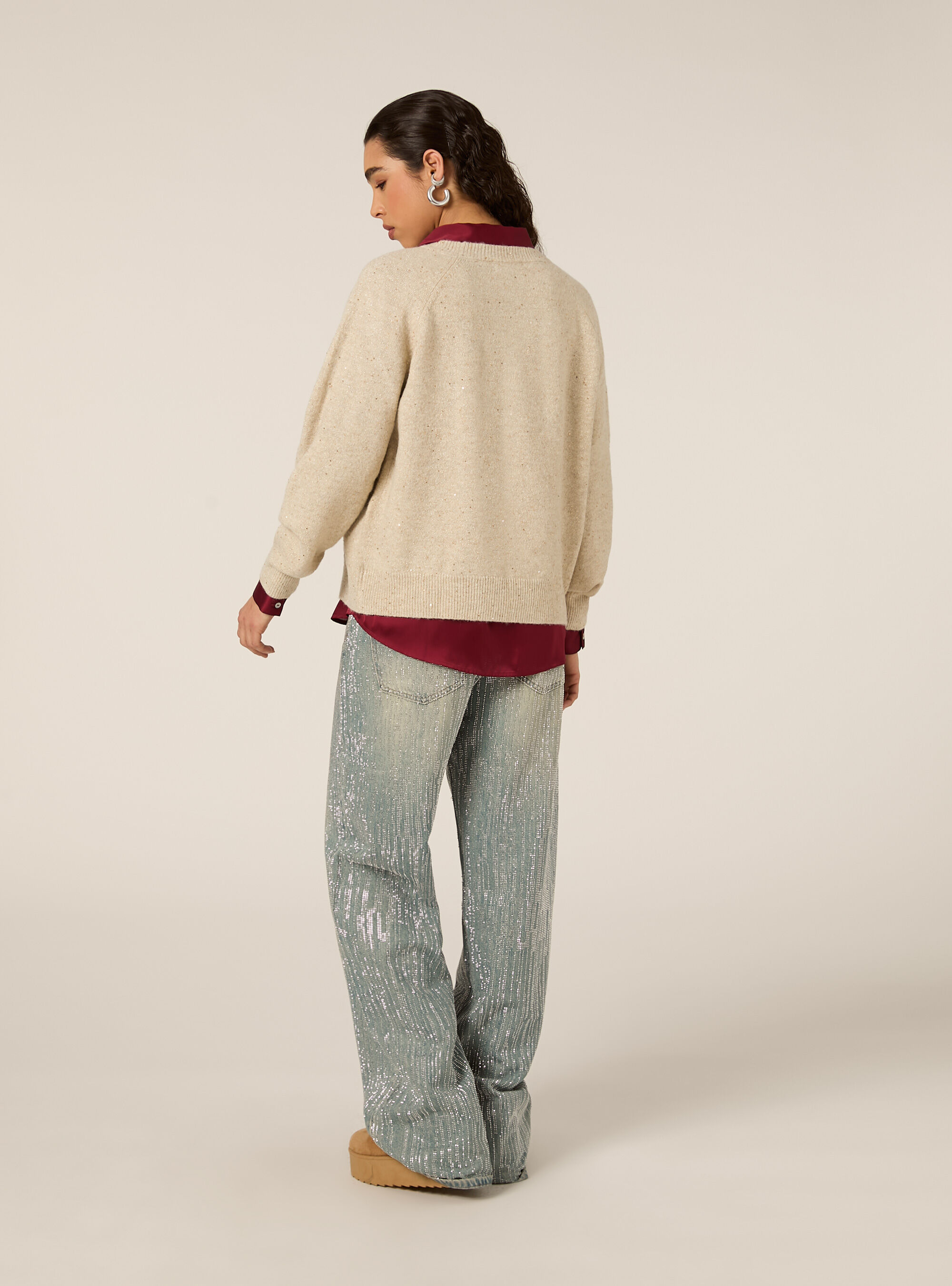 Maglia girocollo manica raglan in lurex, BG3 BEIGE LIGHT