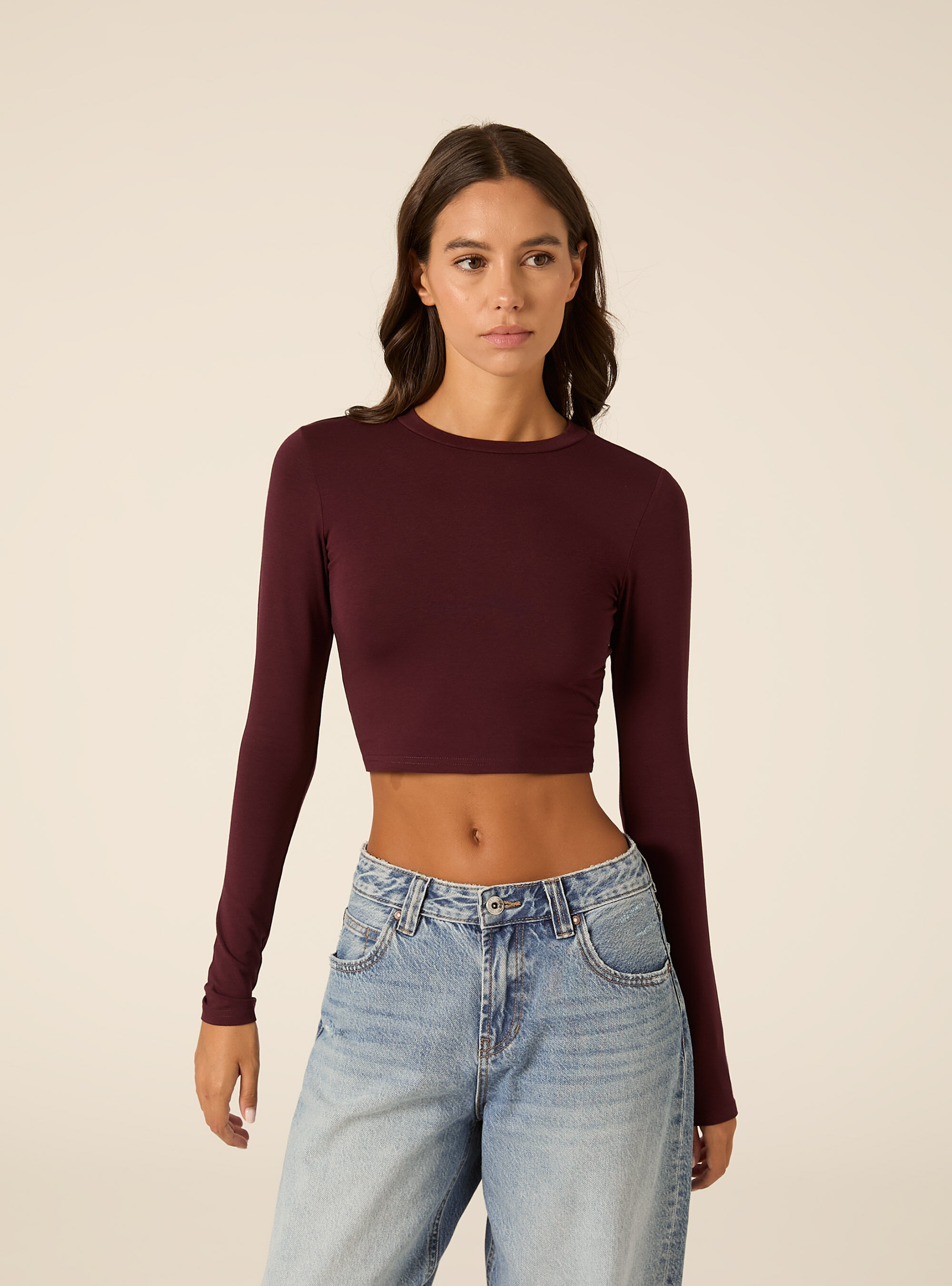 Maglia crop a maniche lunghe, BO1 BORDEAUX DARK