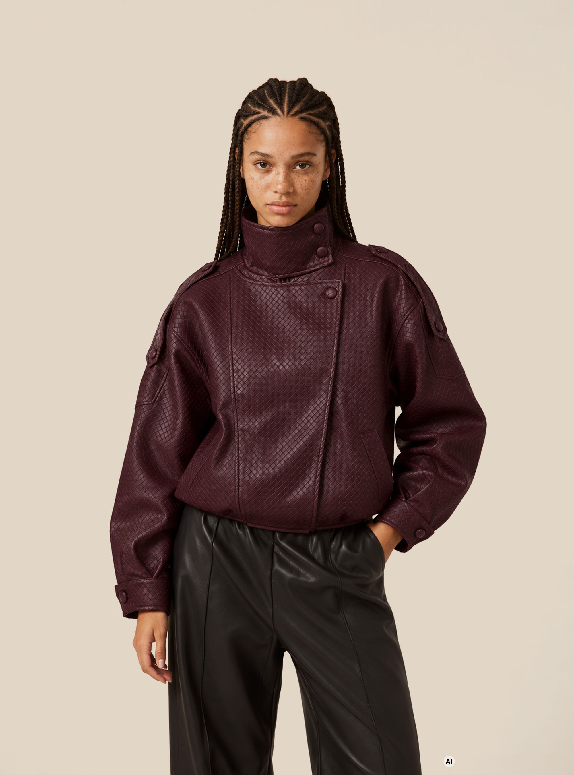 Blouson bomber effet cuir tress&eacute;