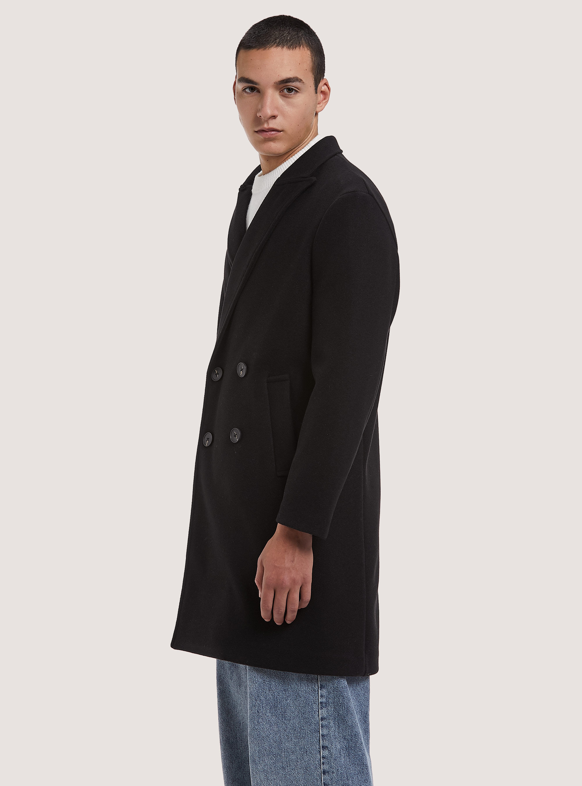Solid-coloured double-breasted coat, BK1 BLACK