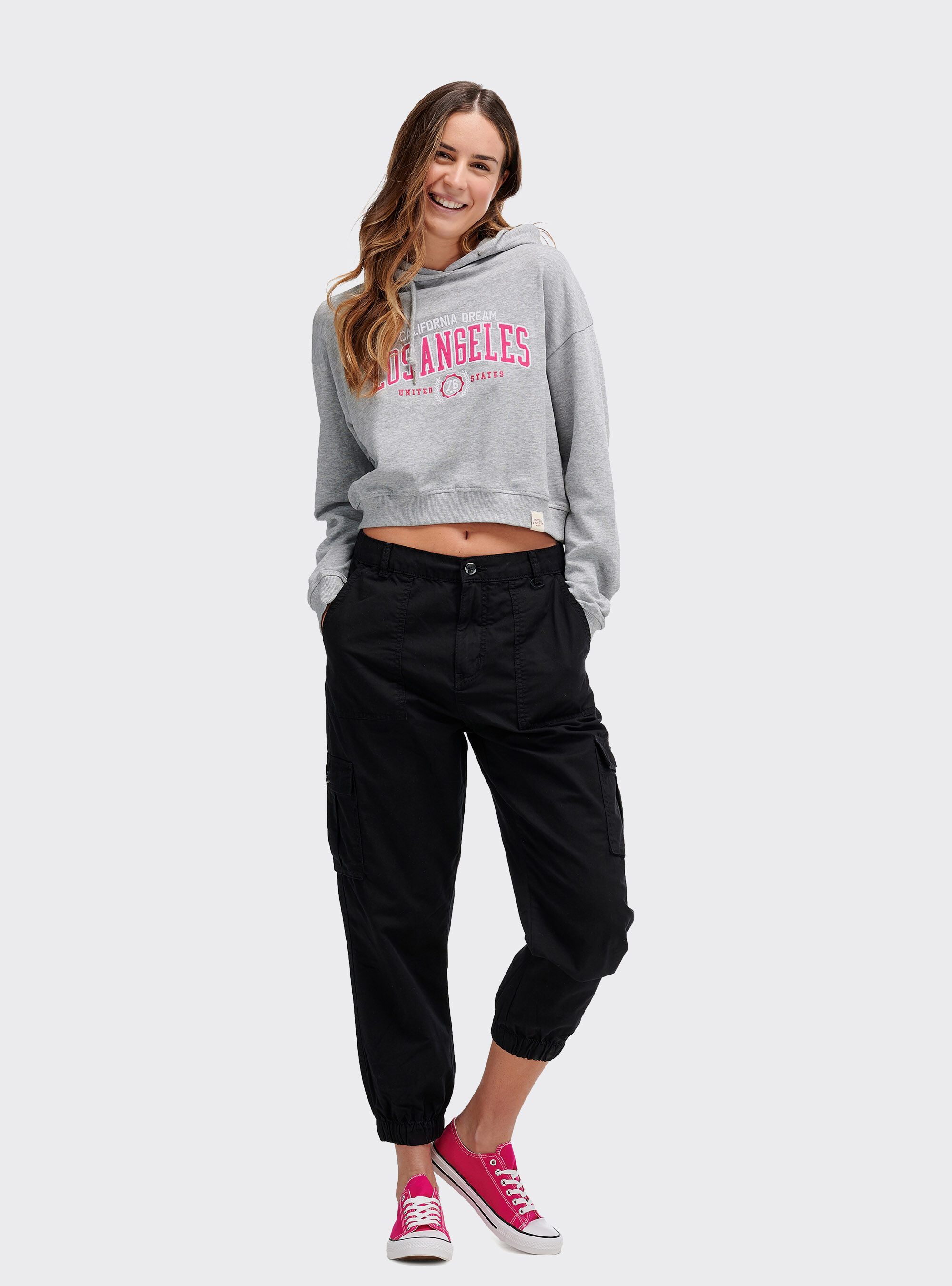Cropped hooded sweatshirt with print, LIGHT GREY MELANGE