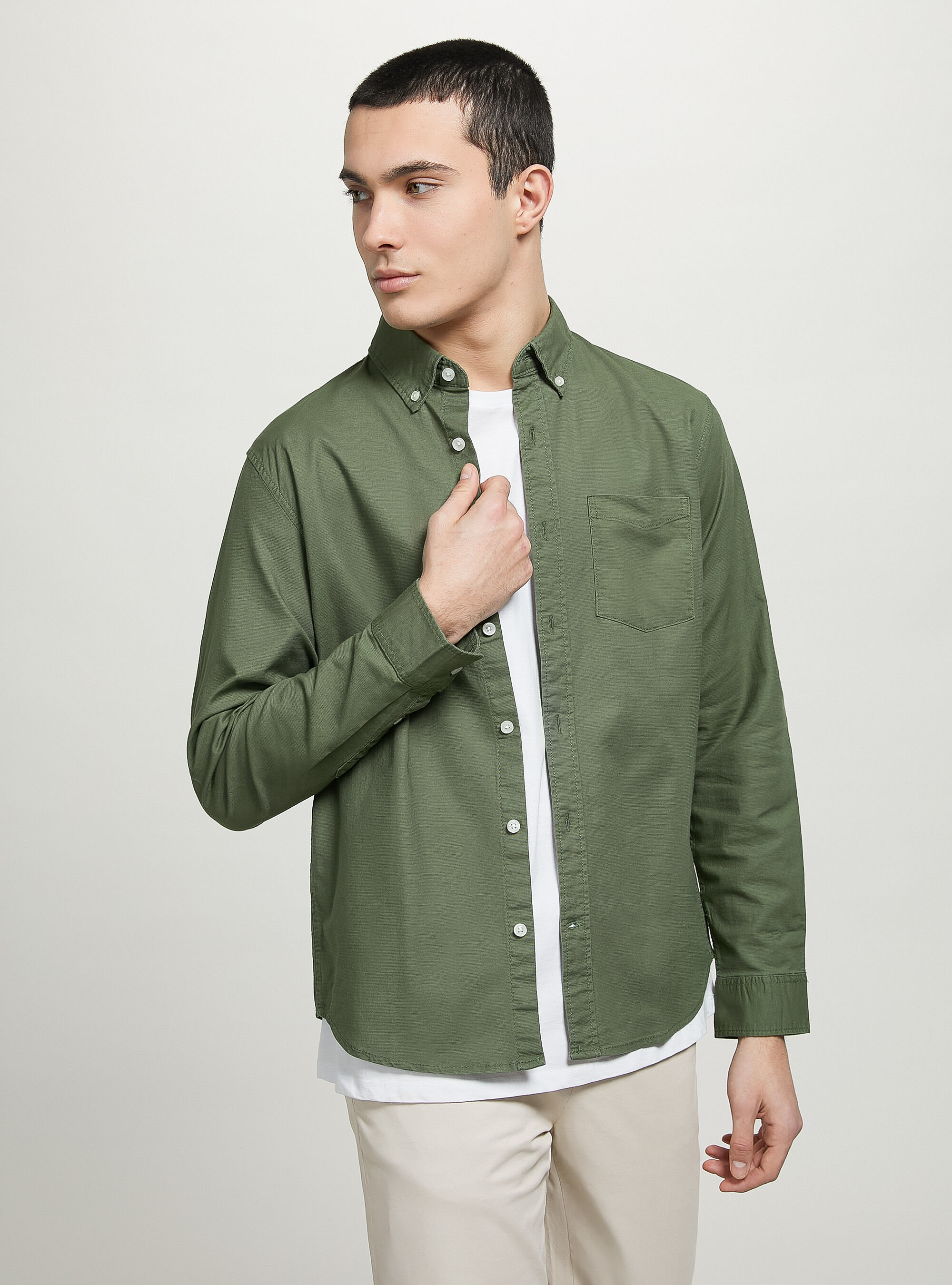 Plain-coloured cotton shirt, KY2 KAKY MEDIUM