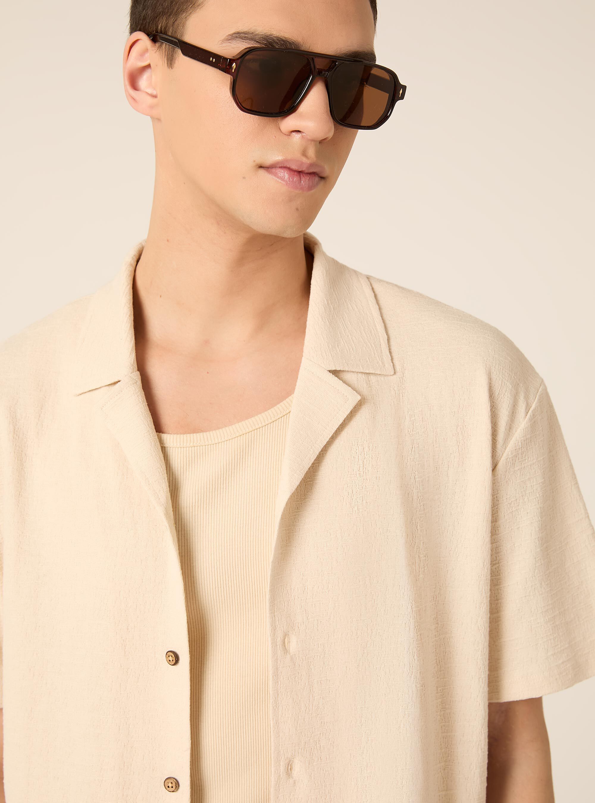 Camicia bowling in jersey texture regular fit, BG2 BEIGE MEDIUM