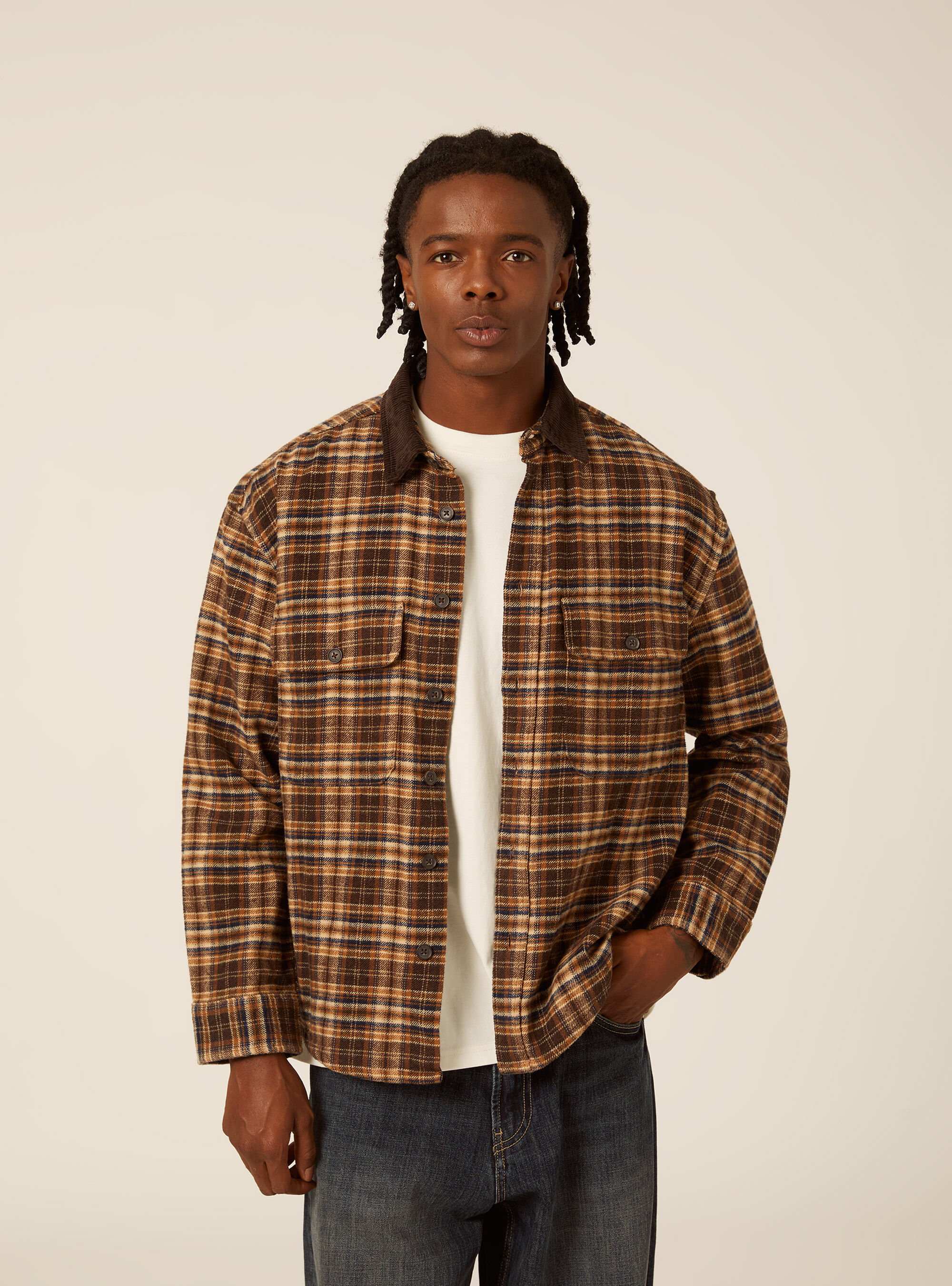 Camicia oversize in flanella e collo in  velluto