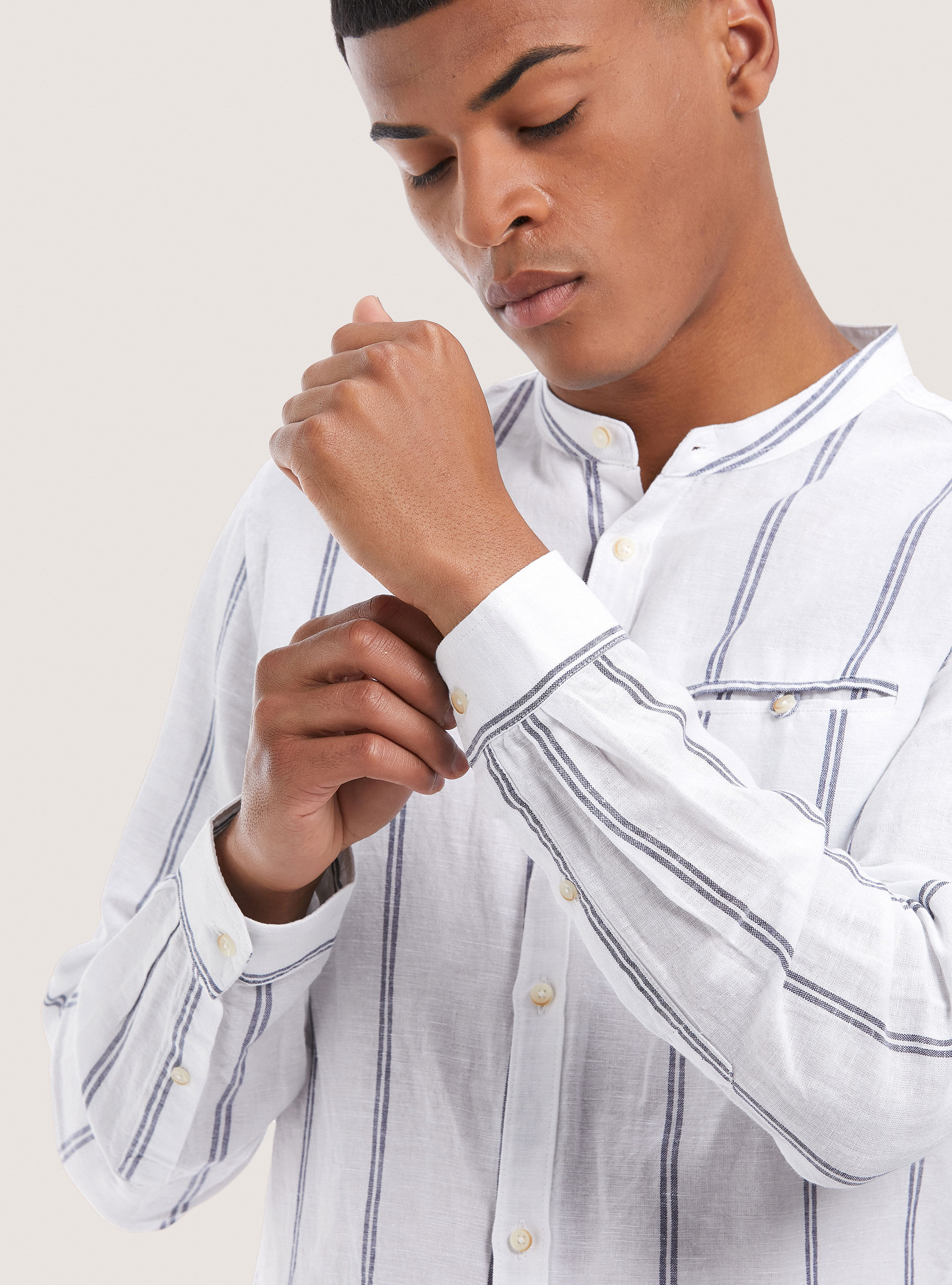Linen blend striped shirt, BLUE NAVY