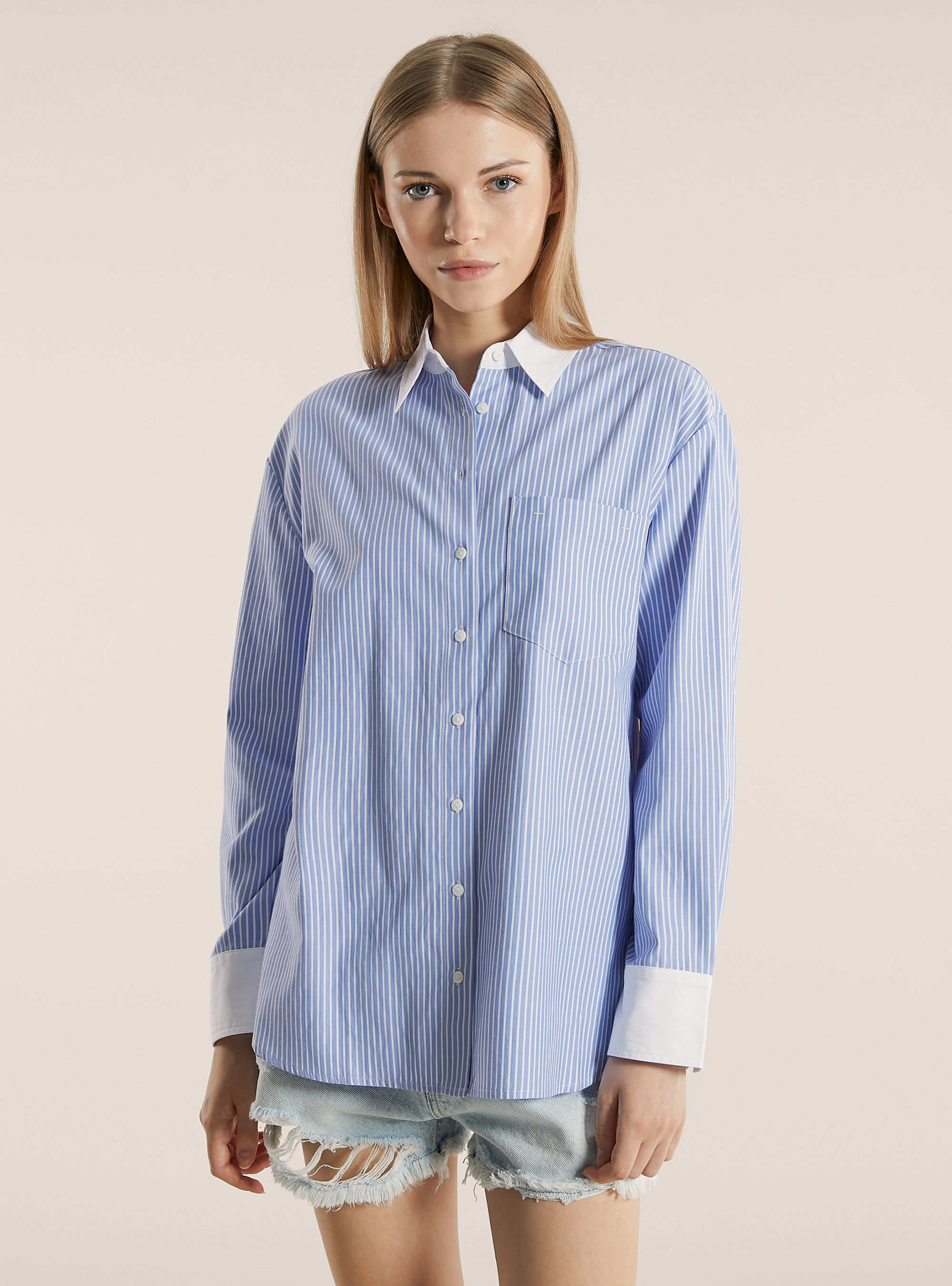 Chemise oversize en popeline ray&eacute;e, AZ3 AZURE LIGHT