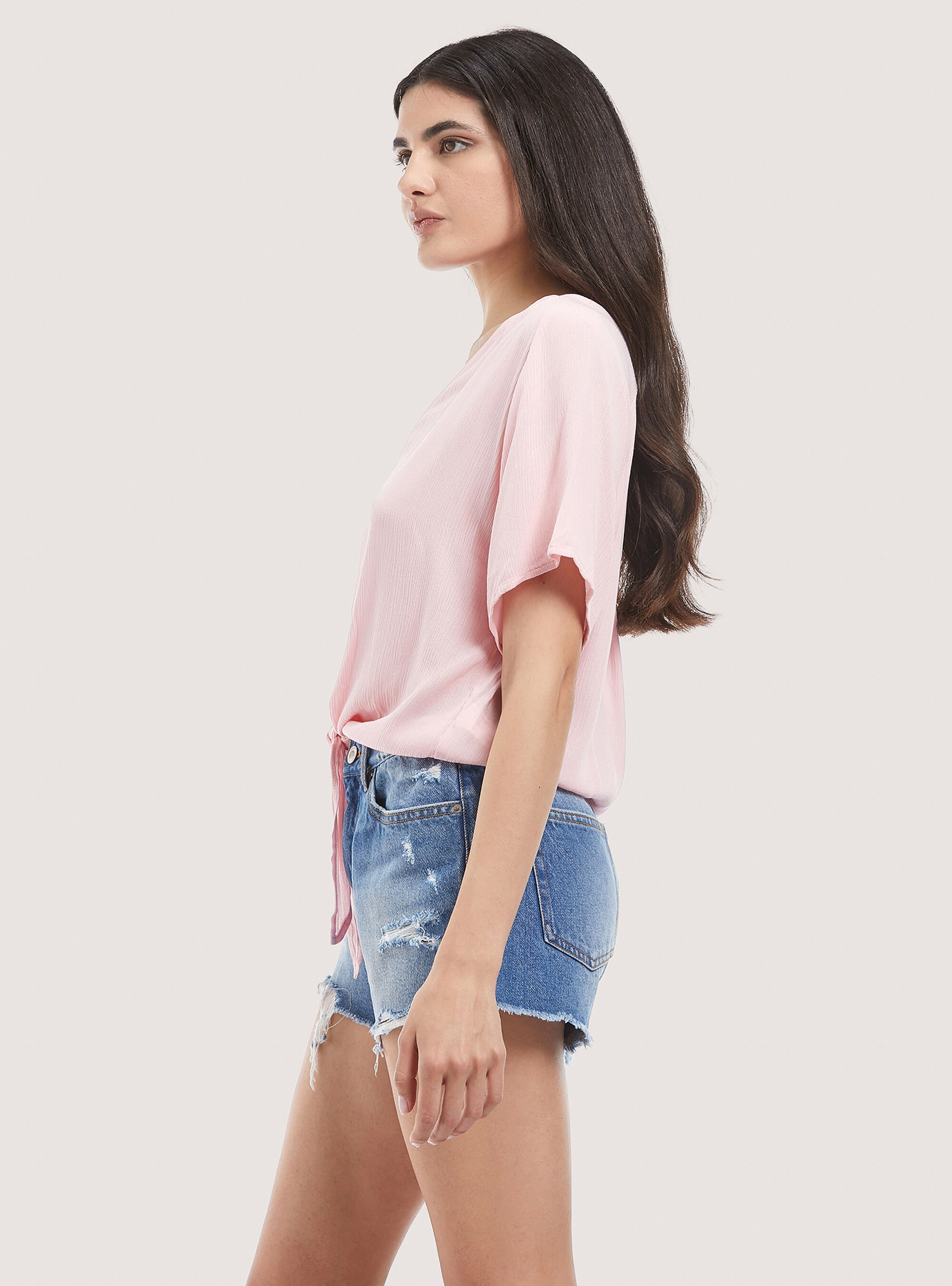 Solid colour v-neck shirt with waist knot, C4400 PINK