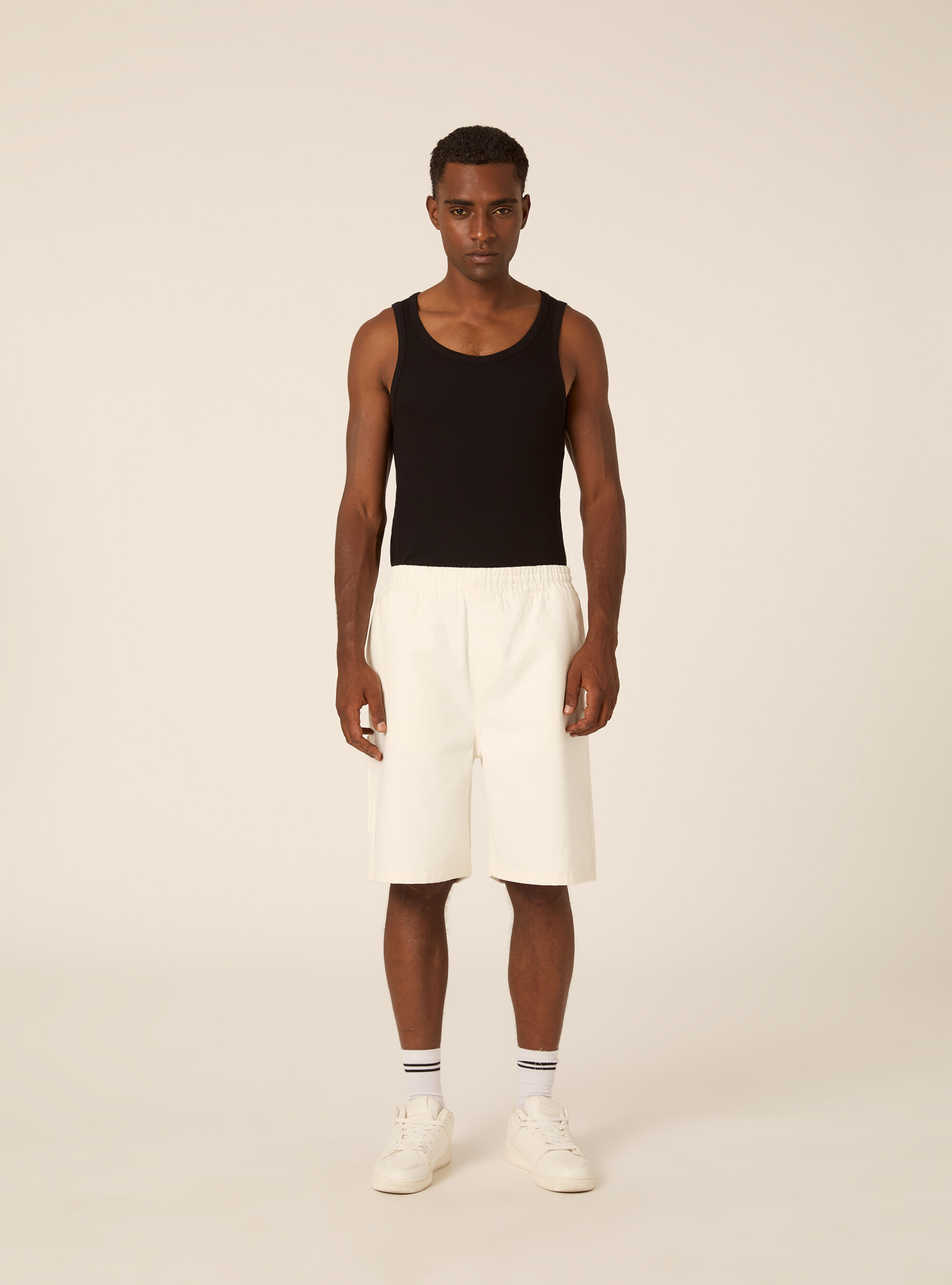 Bermuda carpenter con elastico in vita in twill, WH1 OFF WHITE