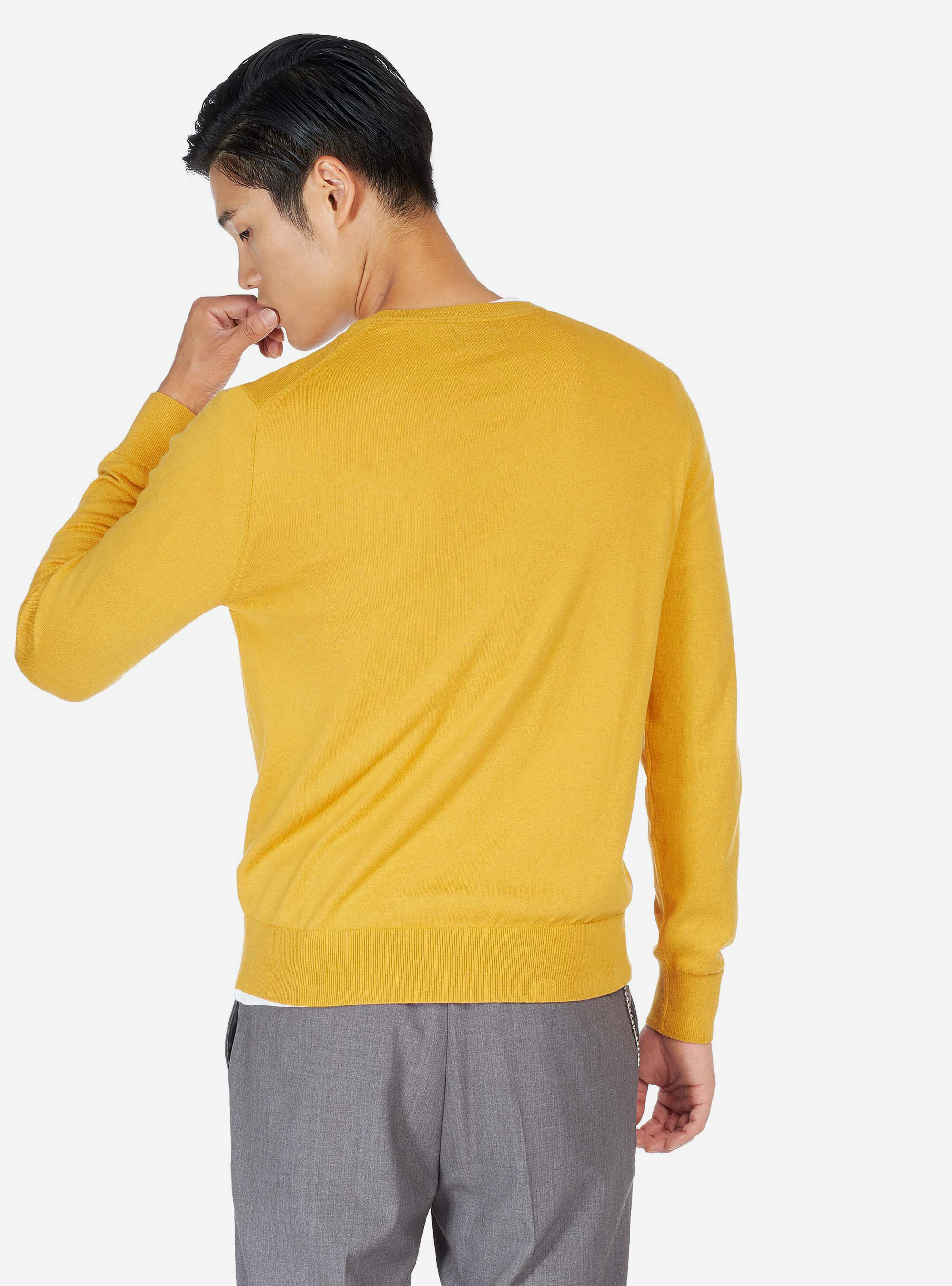 Pull col rond en coton soie et cachemire, C7751 SENAPE