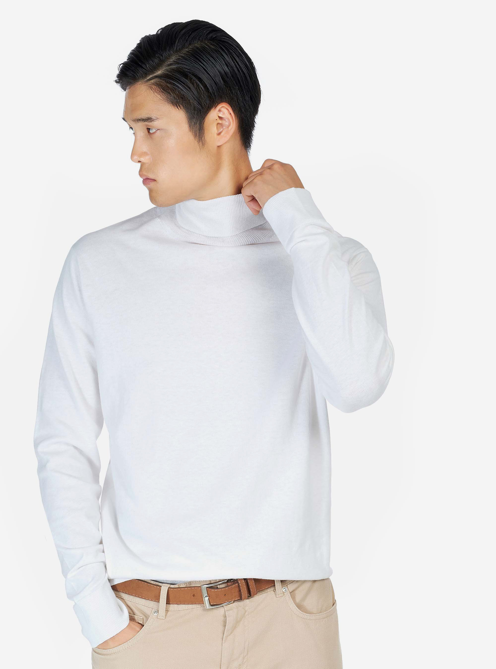 Pull col roul&eacute; basique en coton soie et cachemire, C099 WHITE