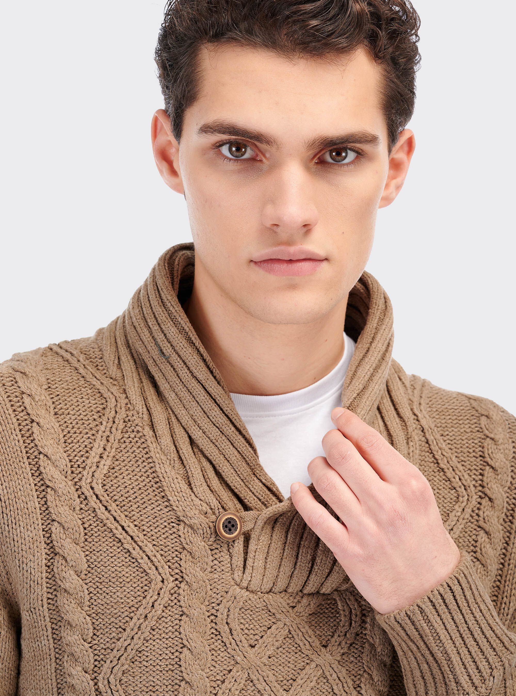 Pullover collo sciallato, MARRONE CHIARO