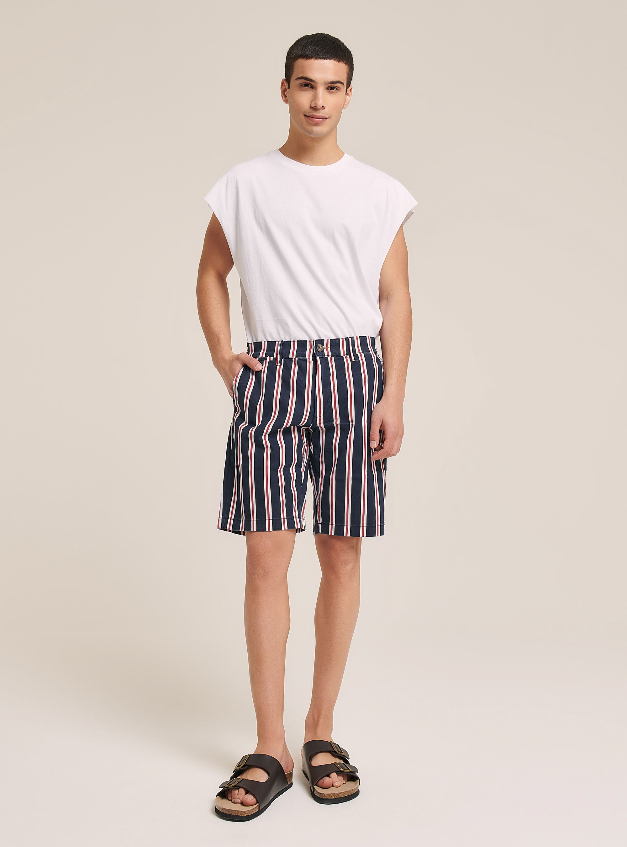 STRETCH-BERMUDASHORTS AUS GESTREIFTEM TWILL, C0239 BLUE