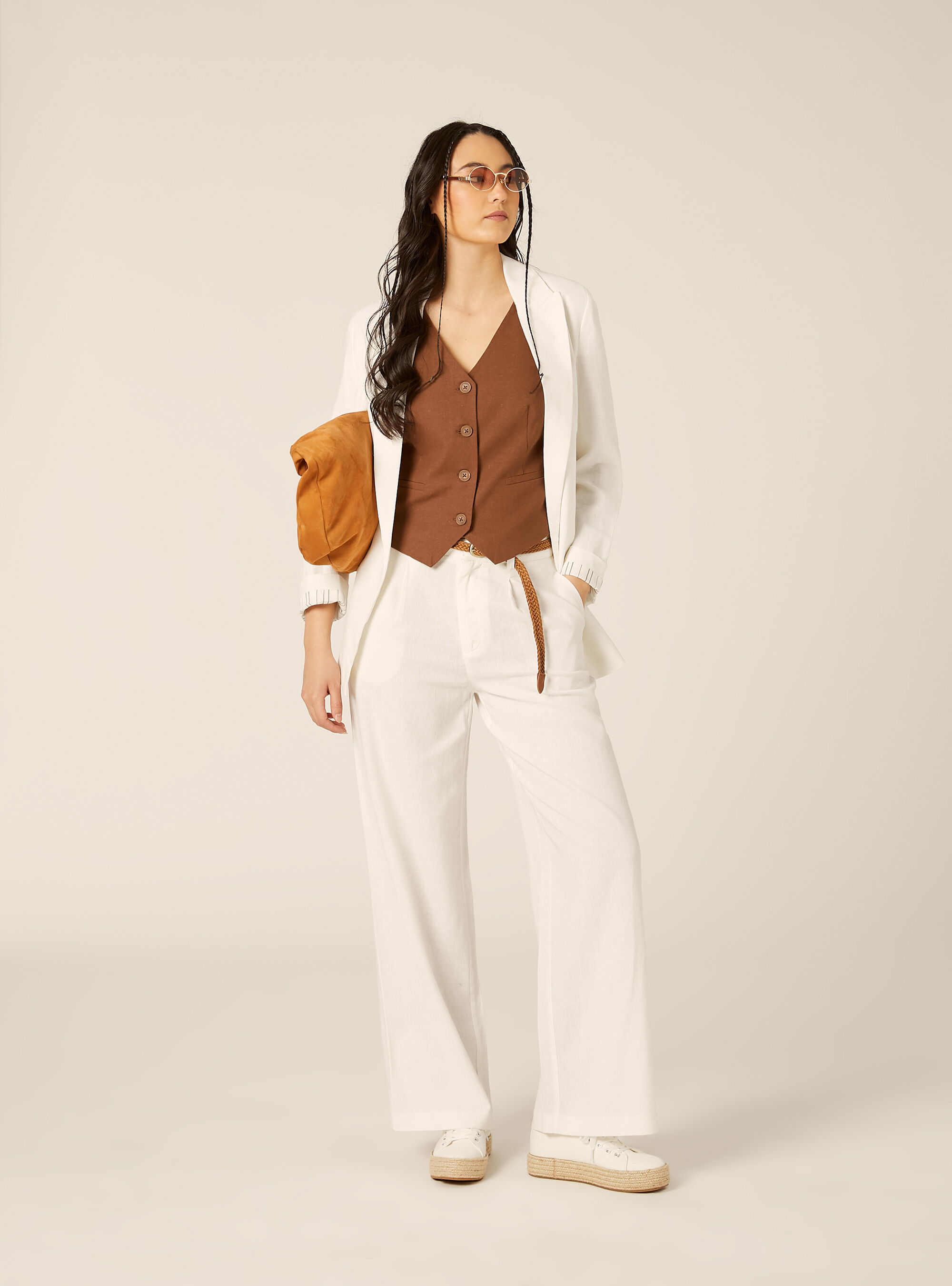 Linen Blend Trousers with Belt, WH2 WHITE