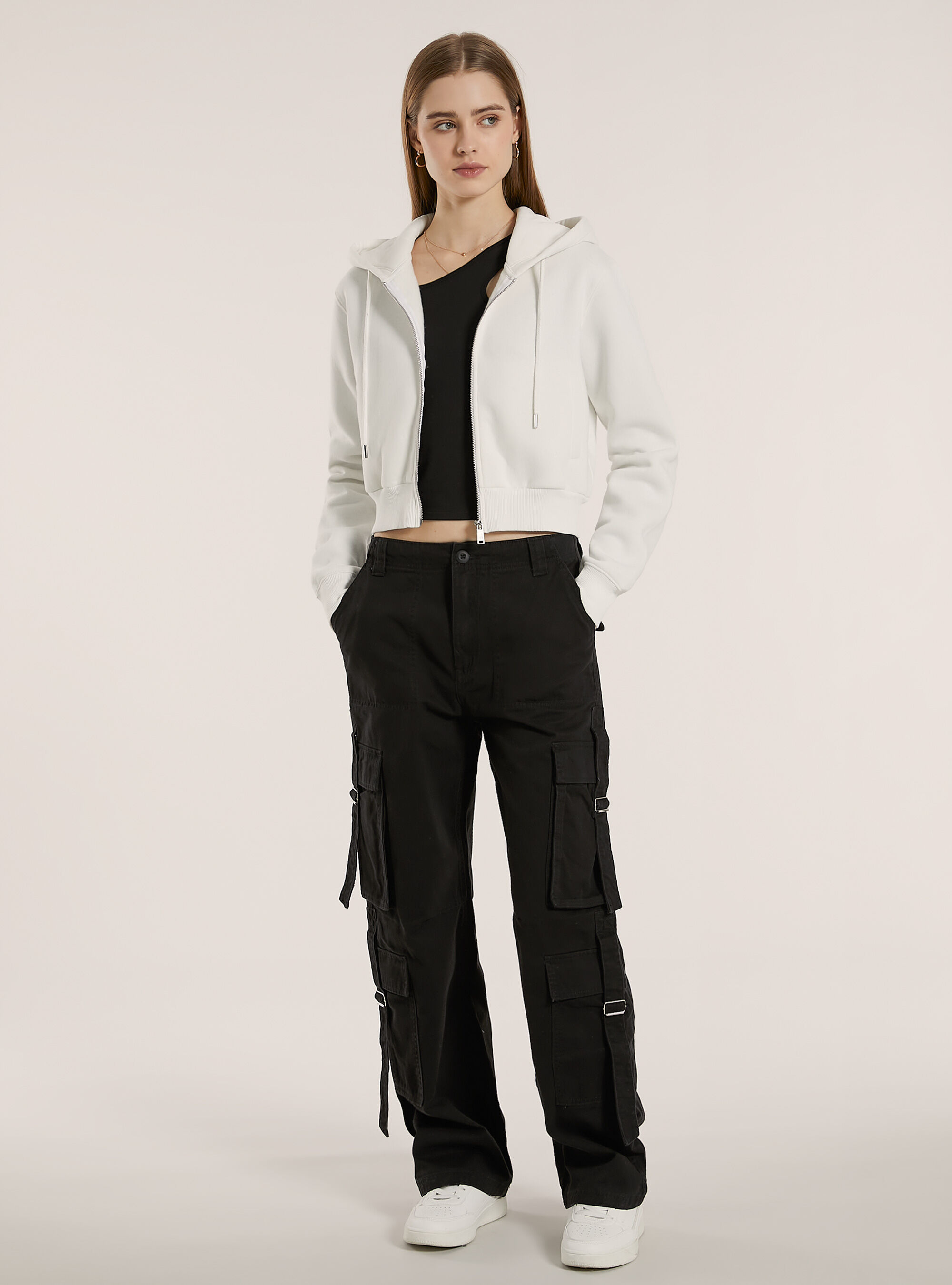 Cardigan felpa crop con cappuccio e tasche, WH2 WHITE