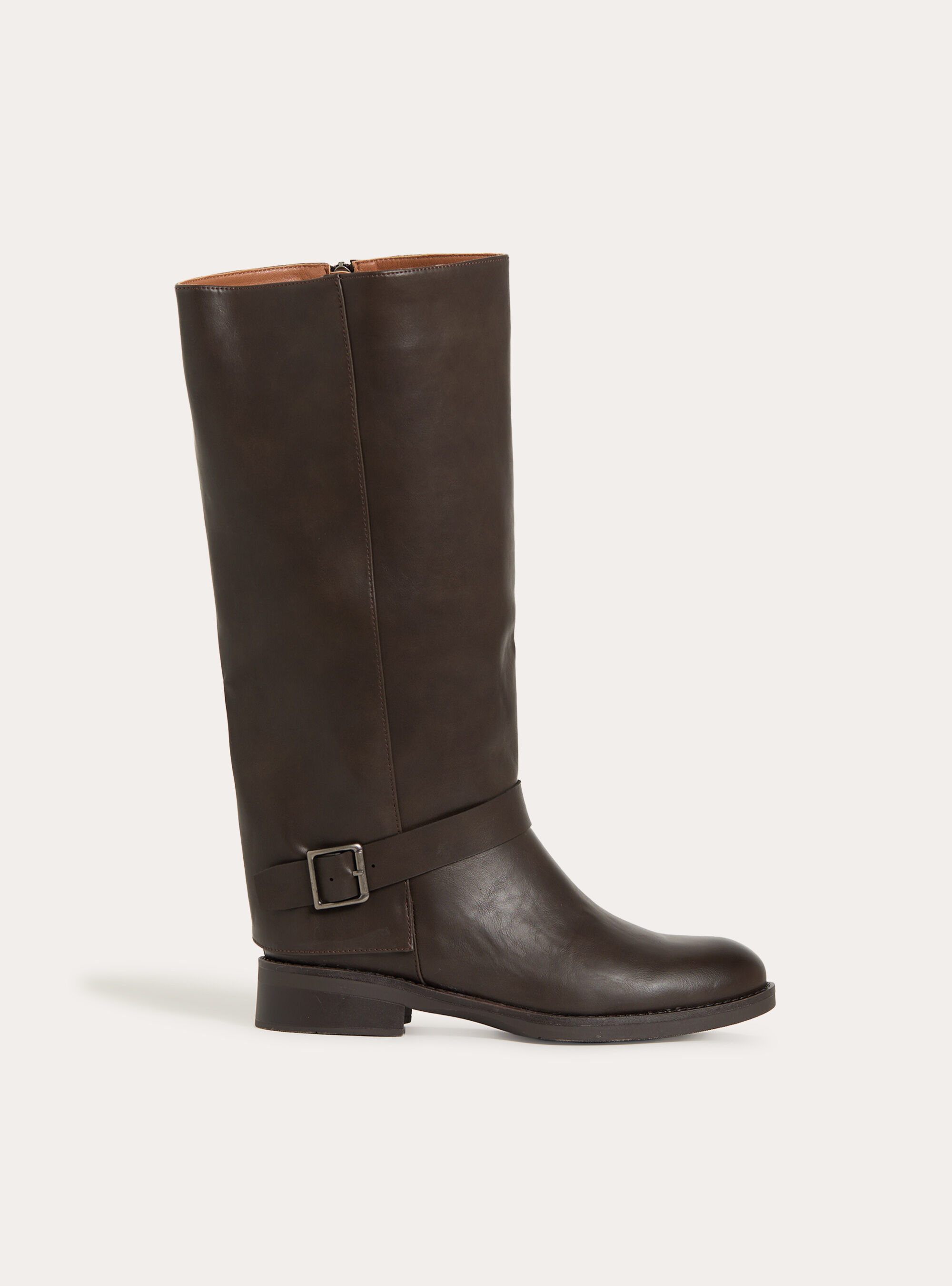 Bottes hautes en effet cuir style cavaliere avec boucle et zip
