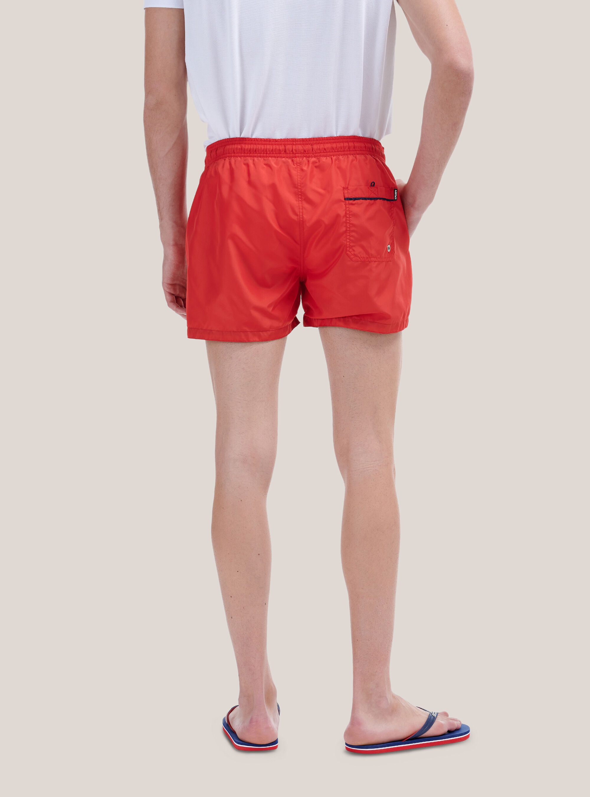 Color solid swimsuit with front embroidery and back pocket., RED