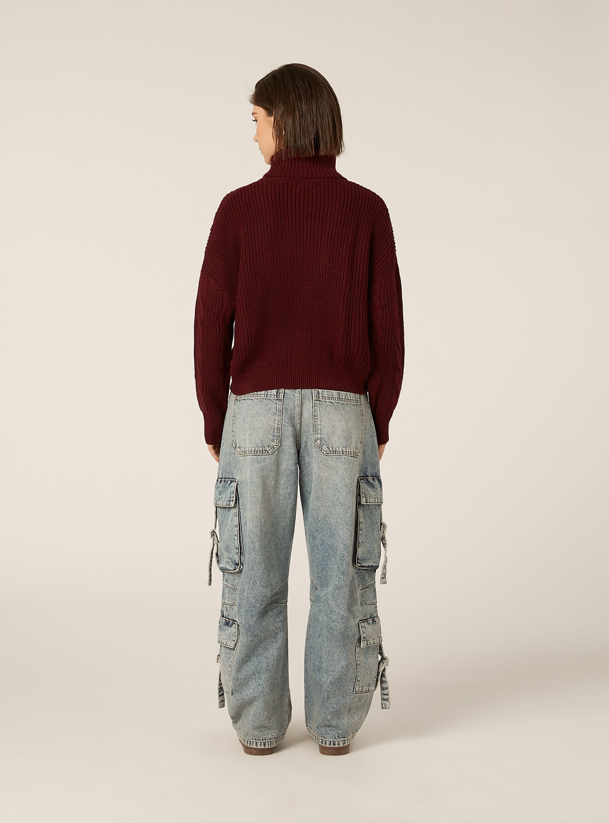 High-neck pullover with cable knit, BO2 BORDEAUX MEDIUM