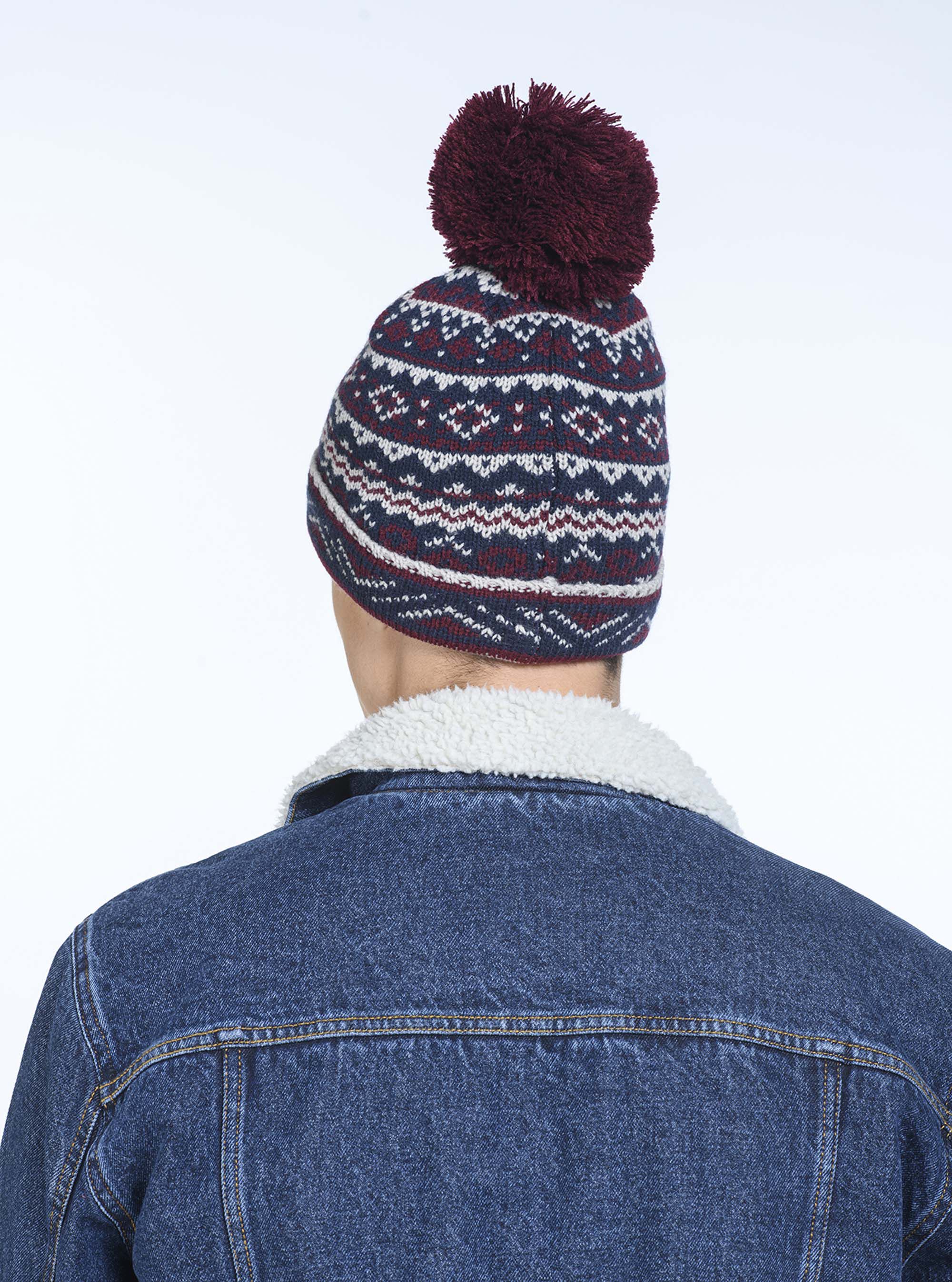 Cappello jacquard con pon pon, BORDEAUX