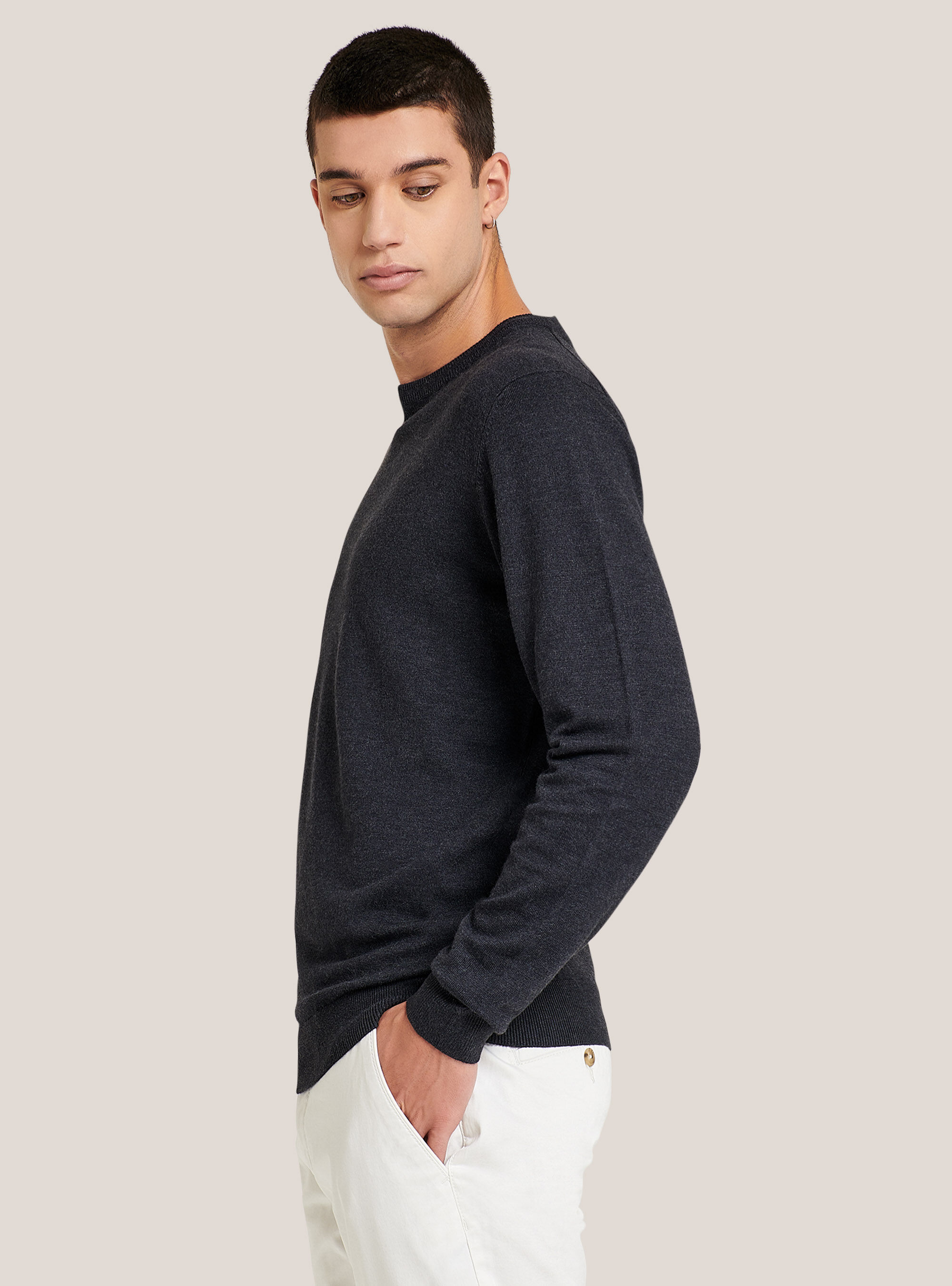 Solid colour crew neck pullover, BLUE MELANGE