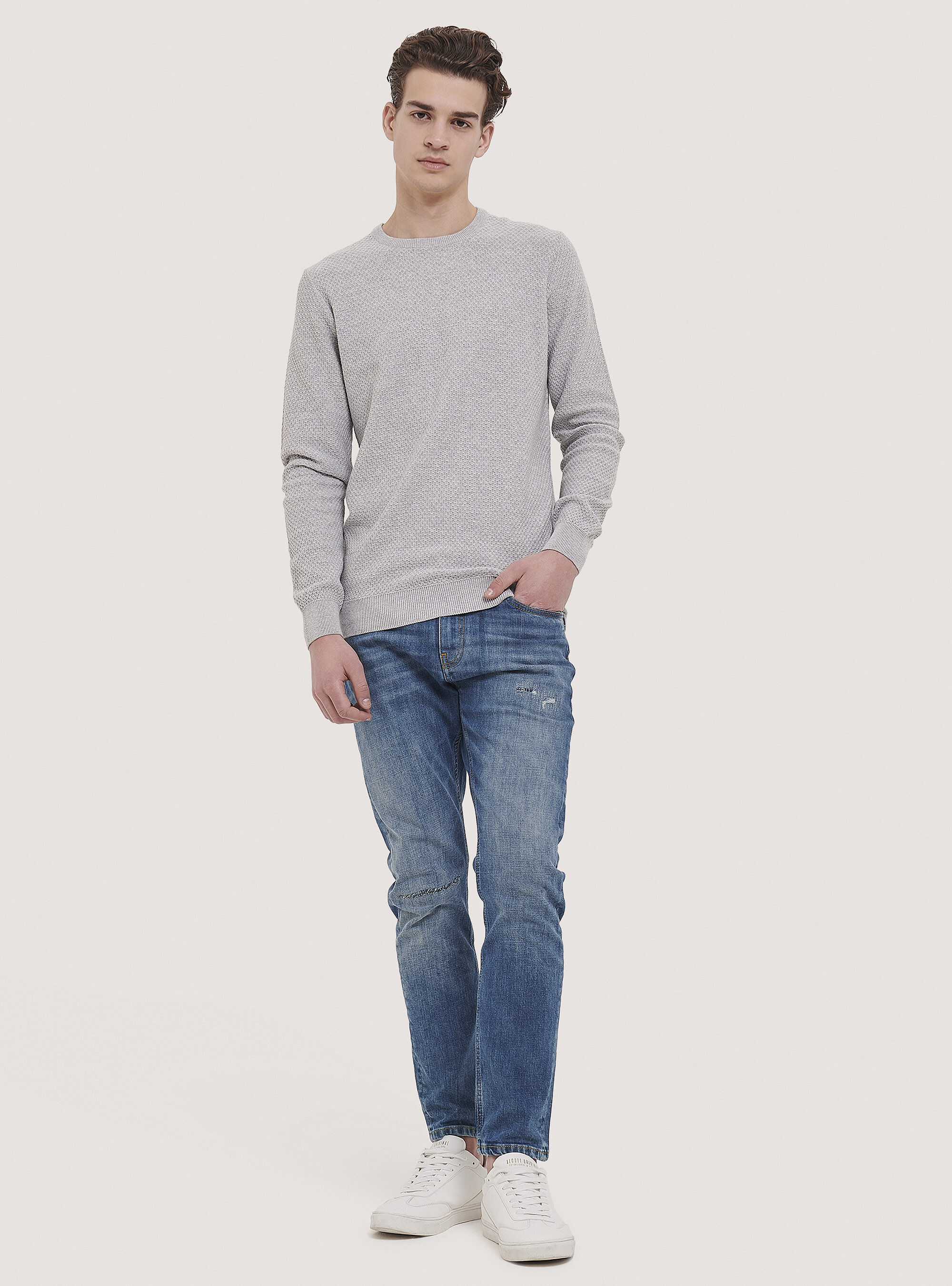 Maglione Uomo Girocollo A Nido D'Ape - Pullover Casual Maniche Lunghe In Acrilico Modal Poliestere - Fit Slim E Morbido