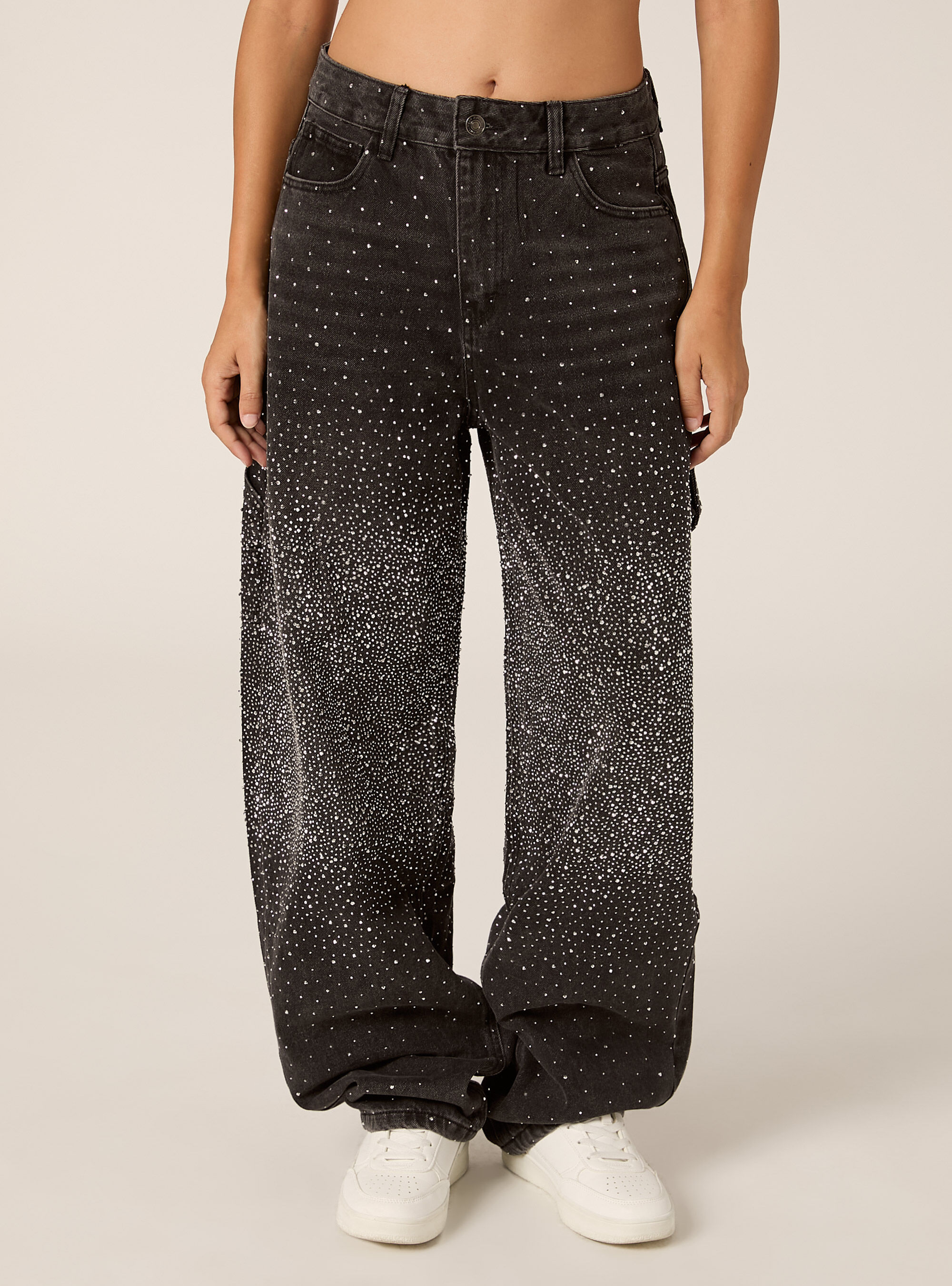 Vaqueros anchos de carpintero con strass, D000 BLACK