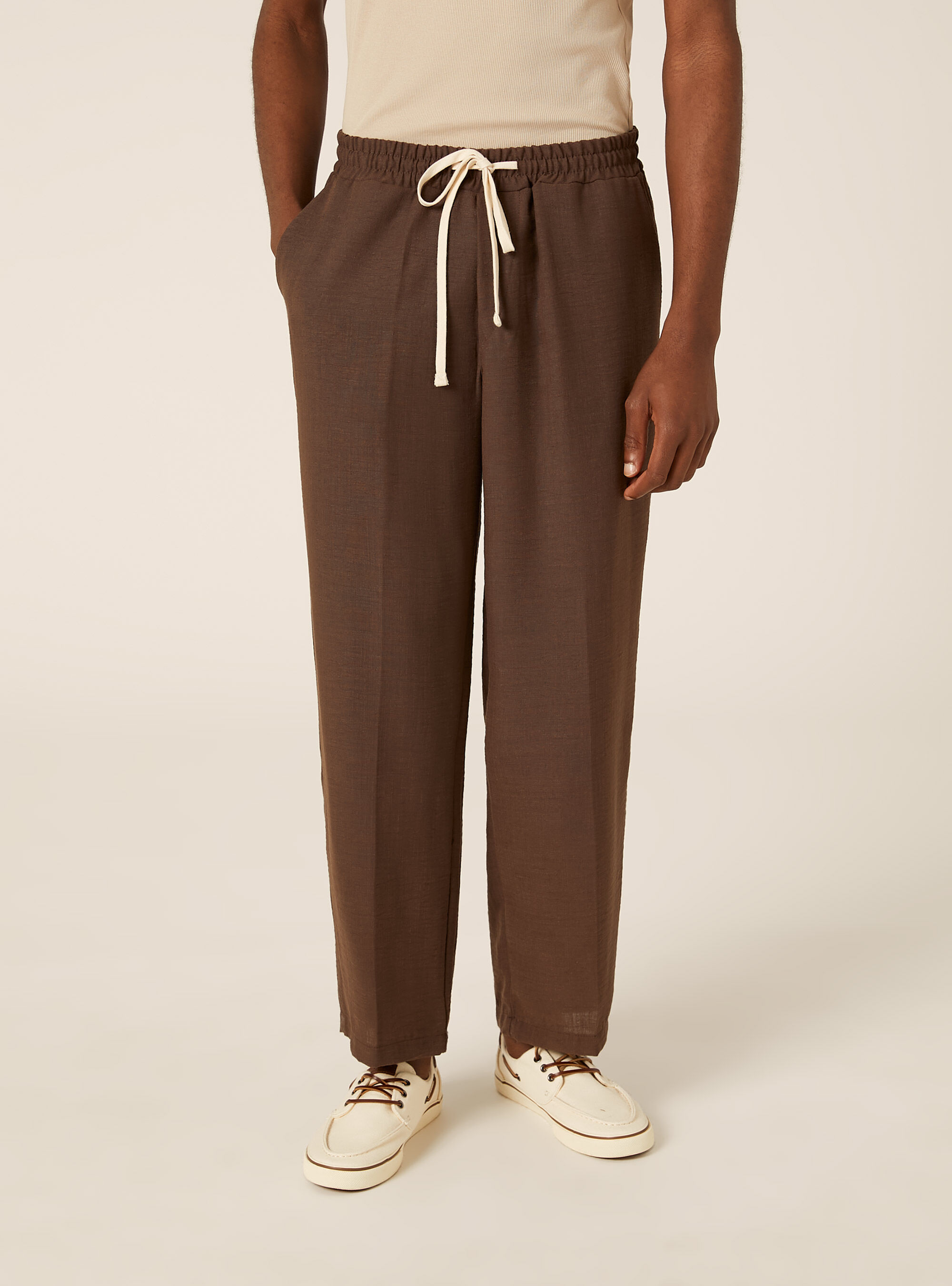 Pantalon Jambe Droite en Tissu Flamm&eacute;, BG2 BEIGE MEDIUM