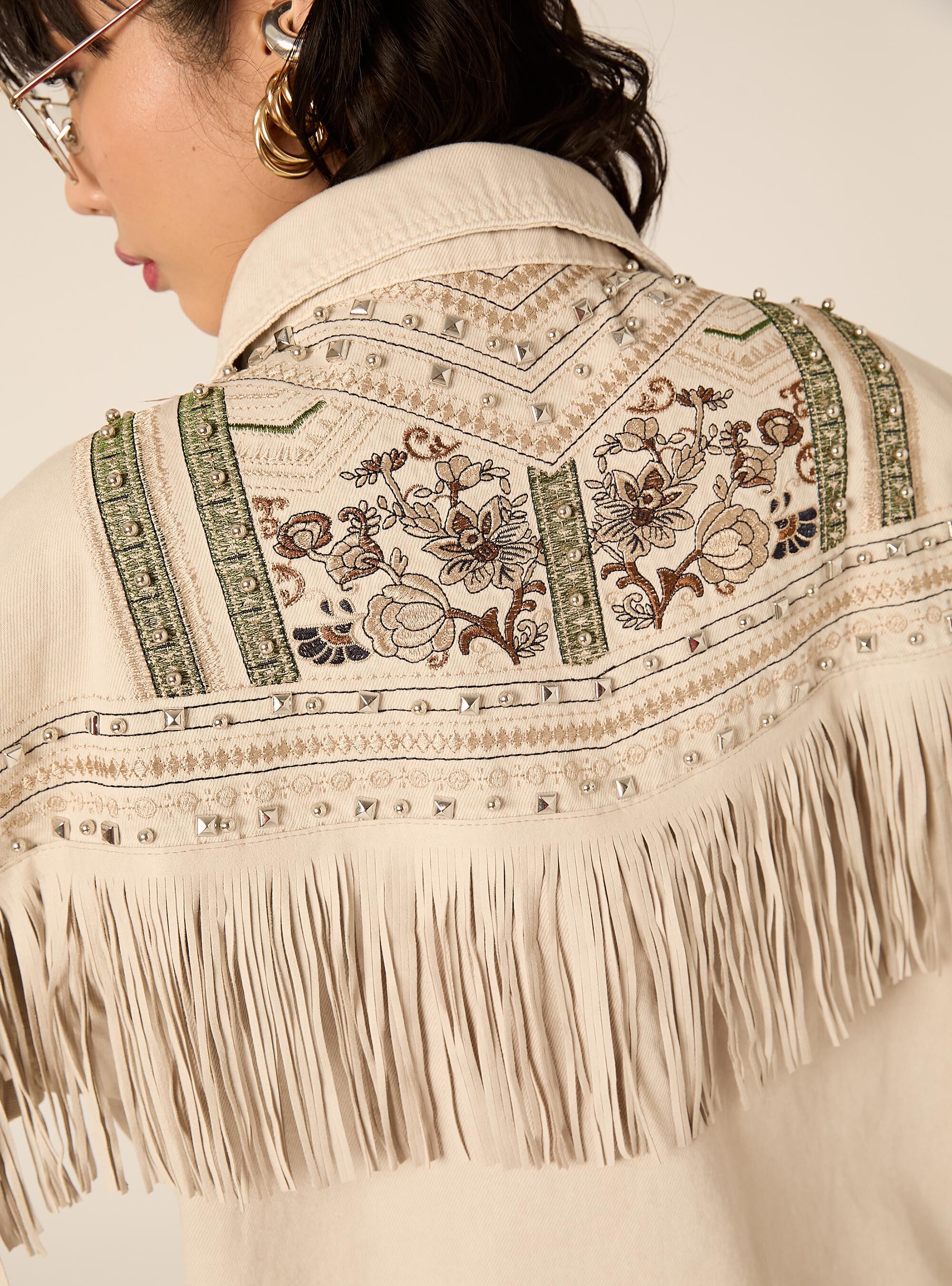 Giubbotto in denim con frange, BG3 BEIGE LIGHT