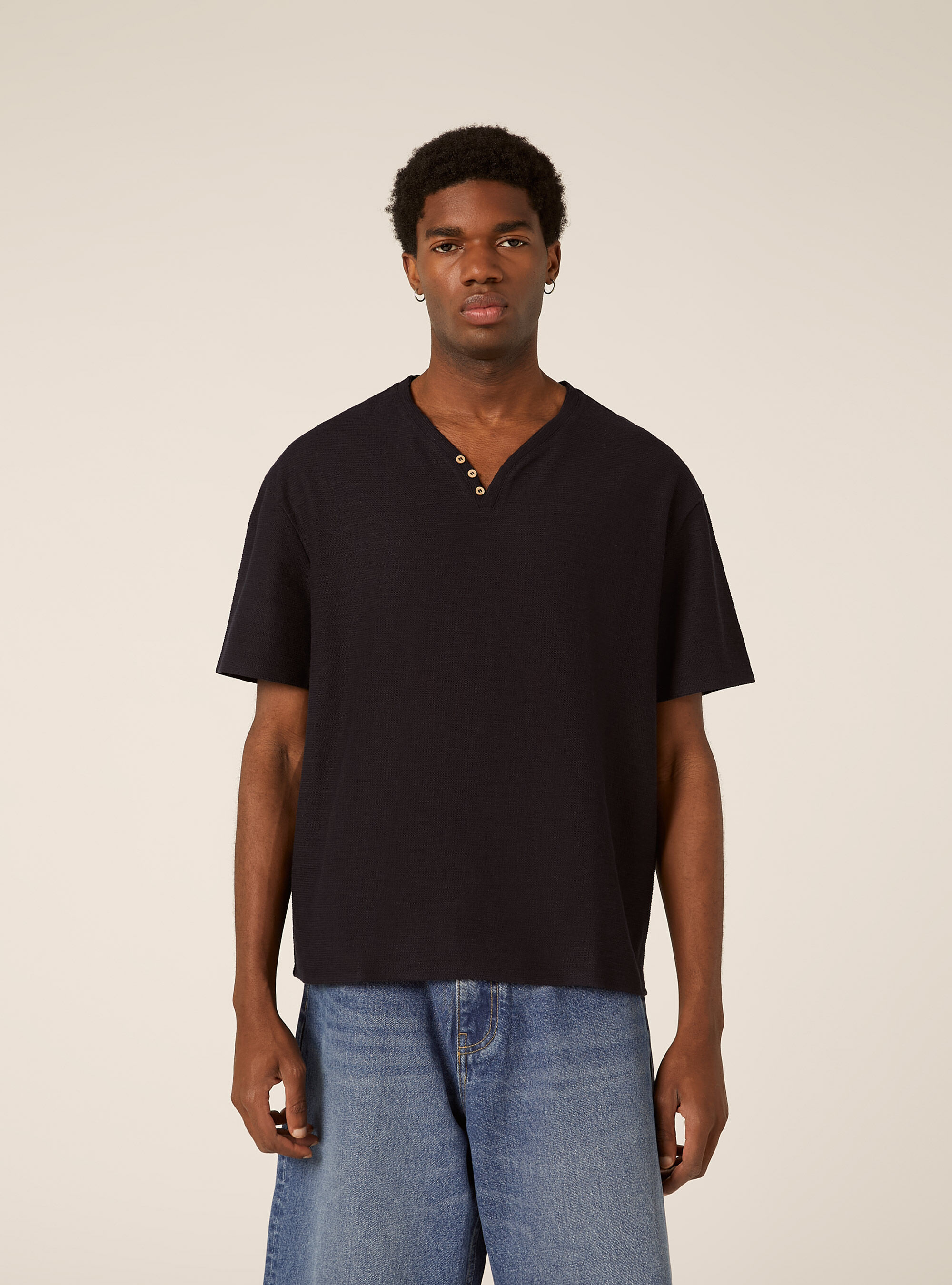 Camiseta de cuello panadero en tejido waffle, NA1 NAVY DARK