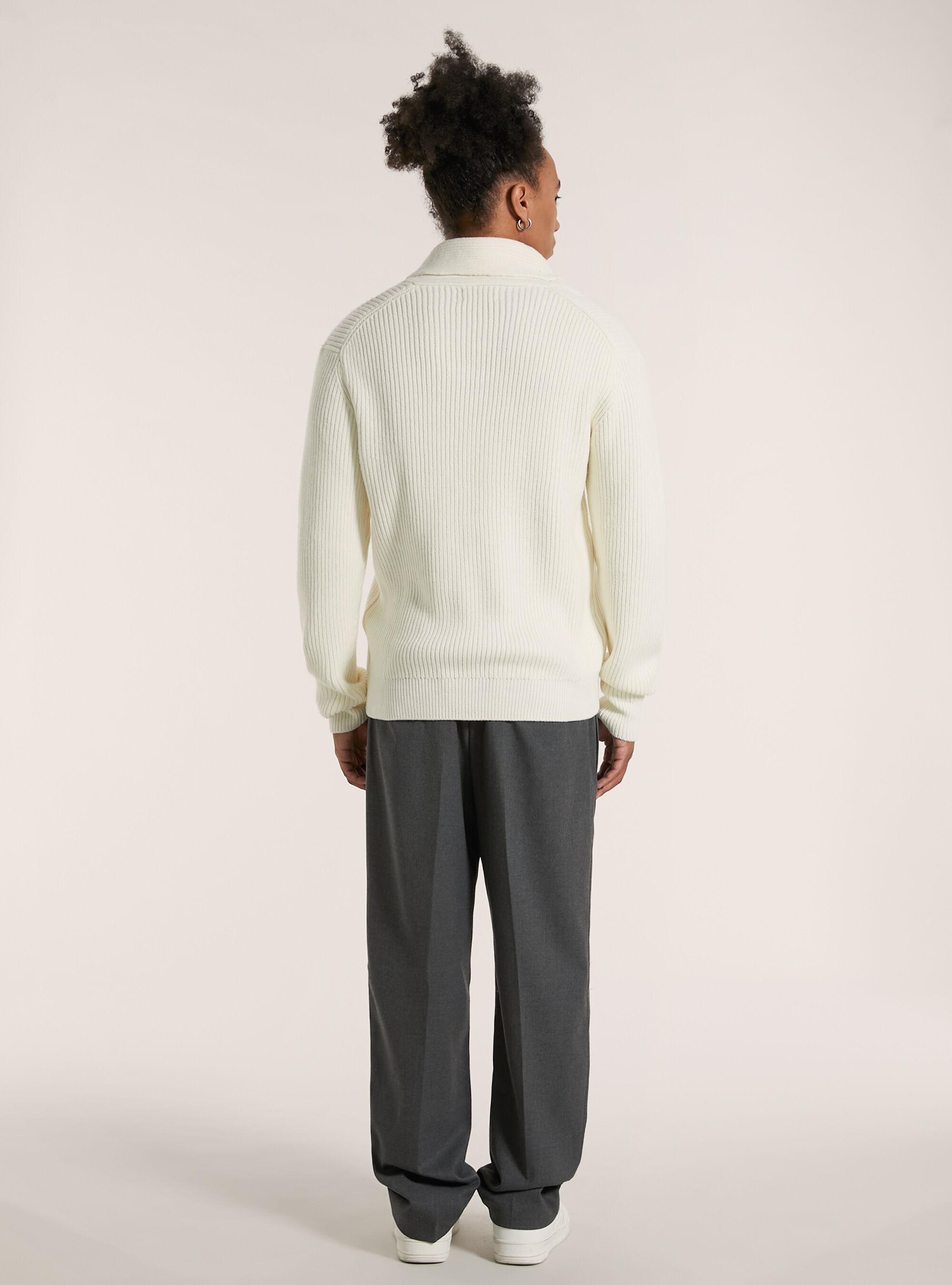 Pullover morbido a coste con colletto in rilievo, WH2 WHITE