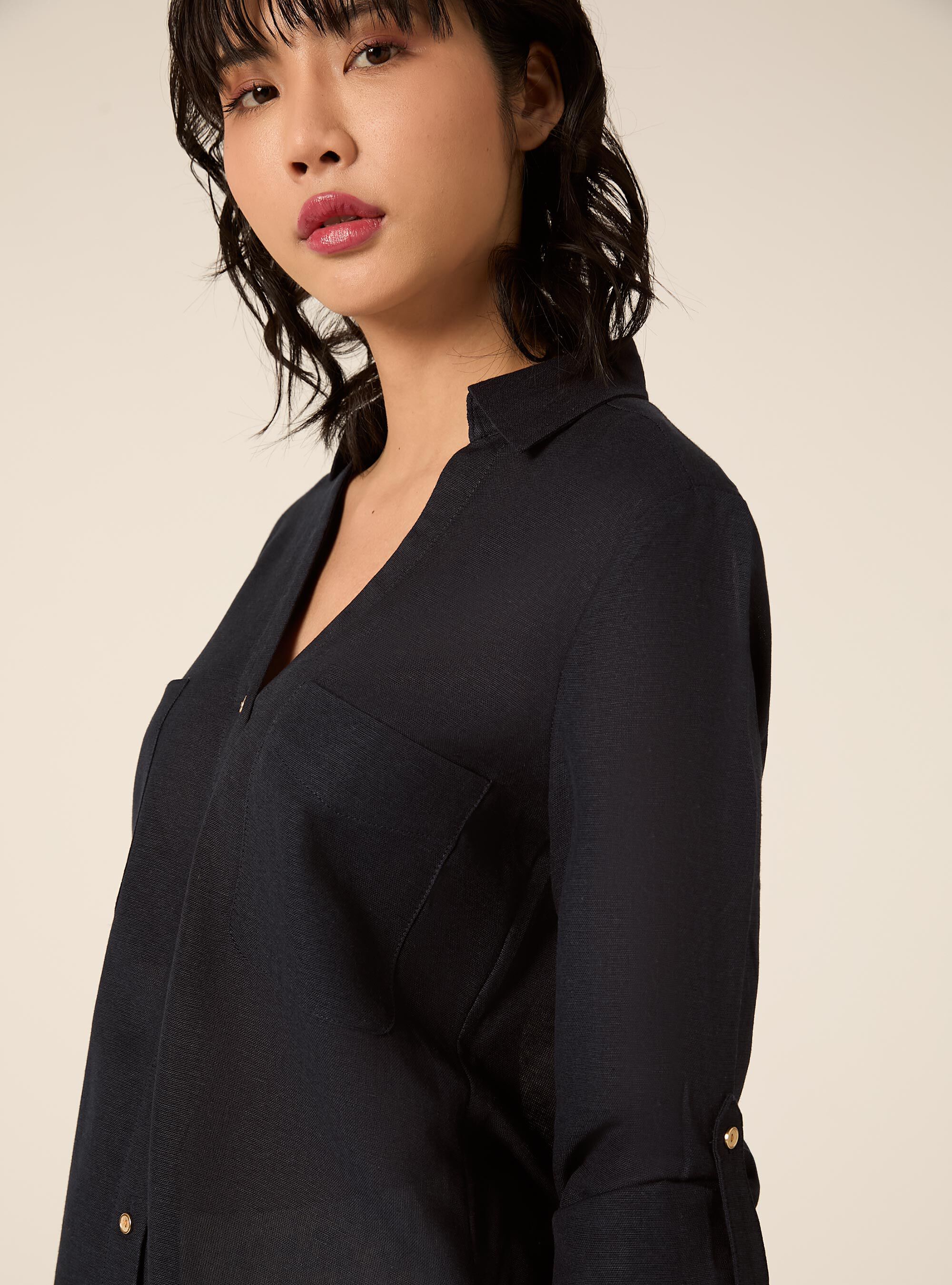 Camicia blusa in misto lino, NA1 NAVY DARK