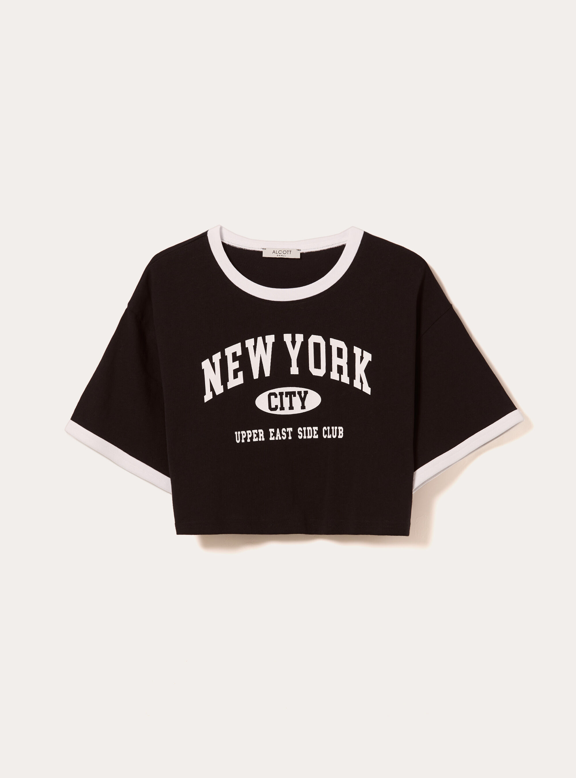 Cropped-T-Shirt mit College-Print, BK1 BLACK