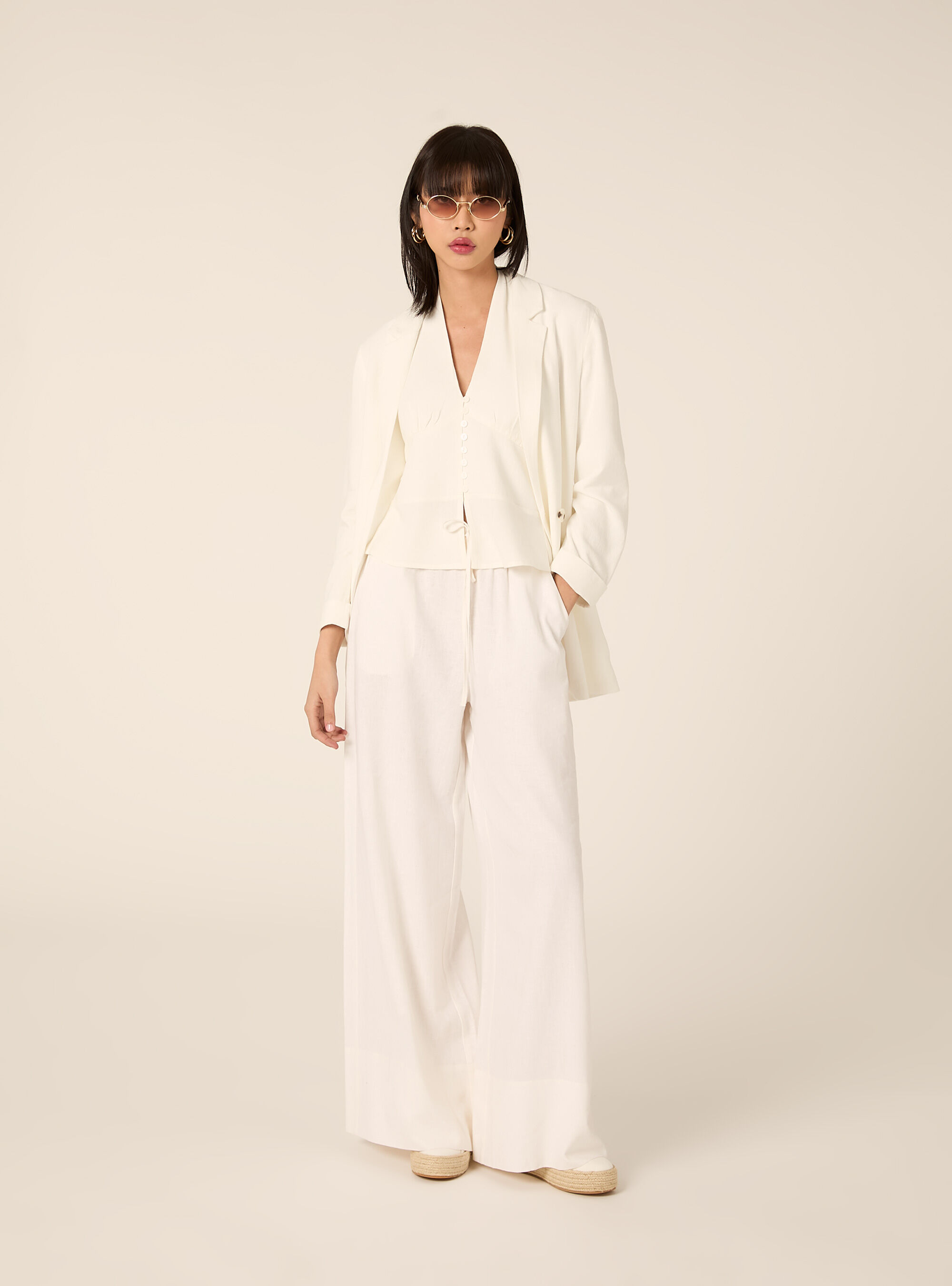 Pantaloni lunghi loose fit in misto lino, PANNA