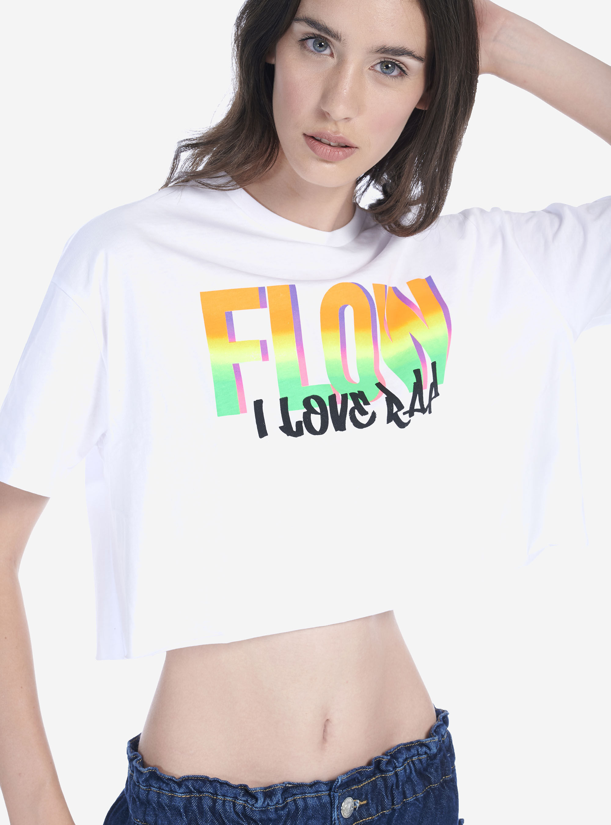 CAMISETA CORTA CON ESTAMPADO FLUOR, BLANCO