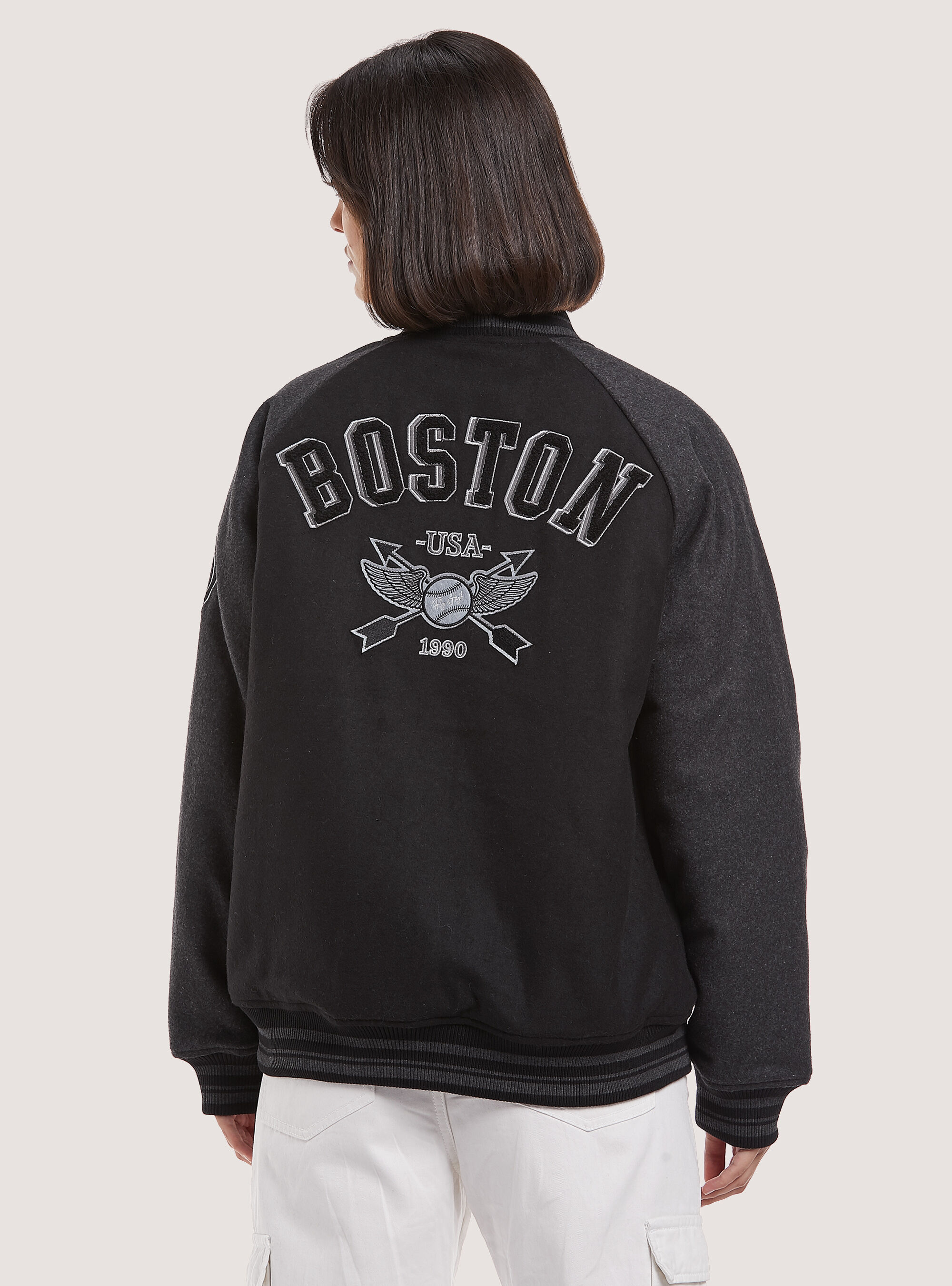 Chaqueta de bombardero universitaria con acolchado reciclado, BK1 BLACK