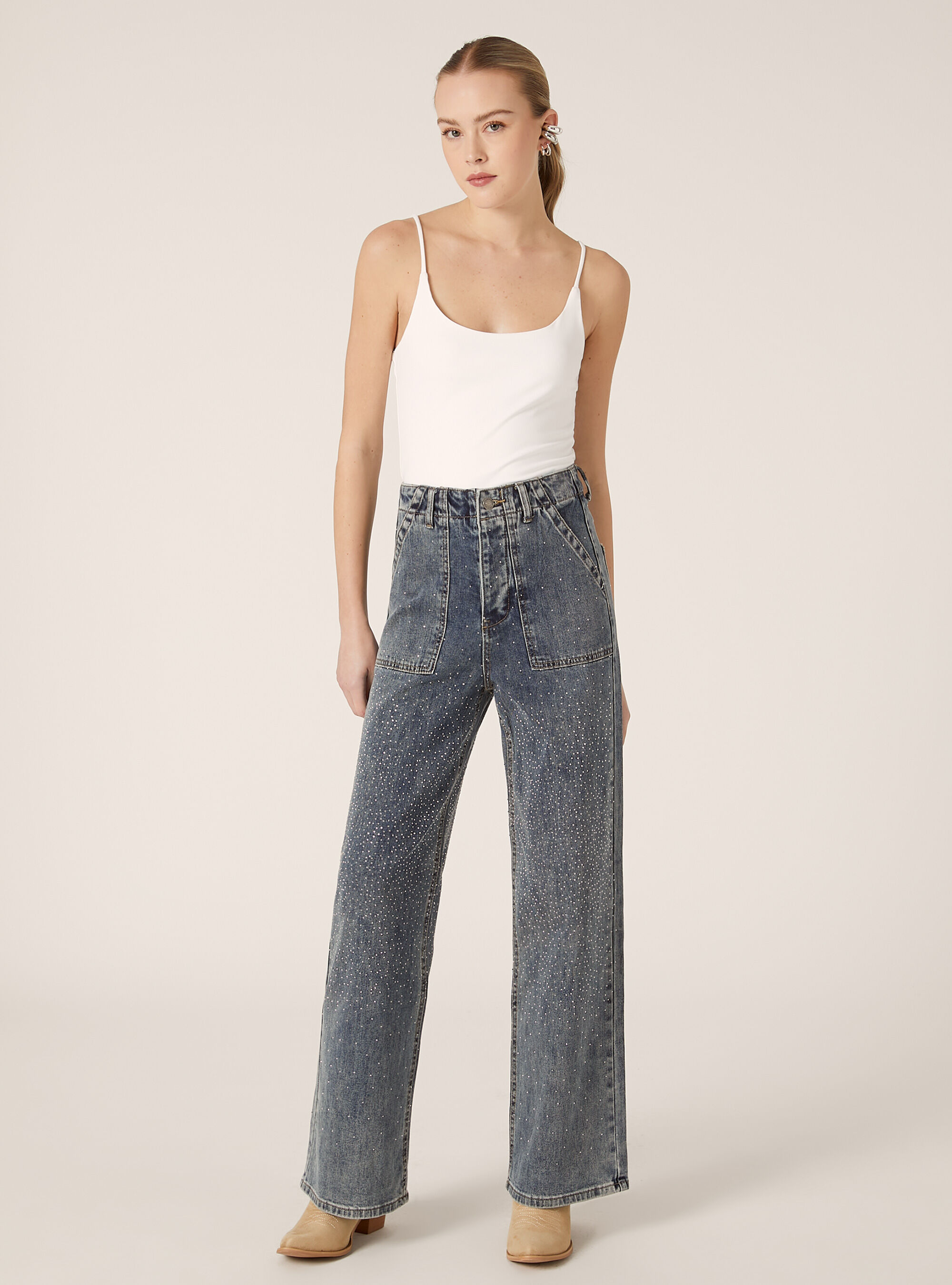 Jean droit avec strass, D003 MEDIUM BLUE