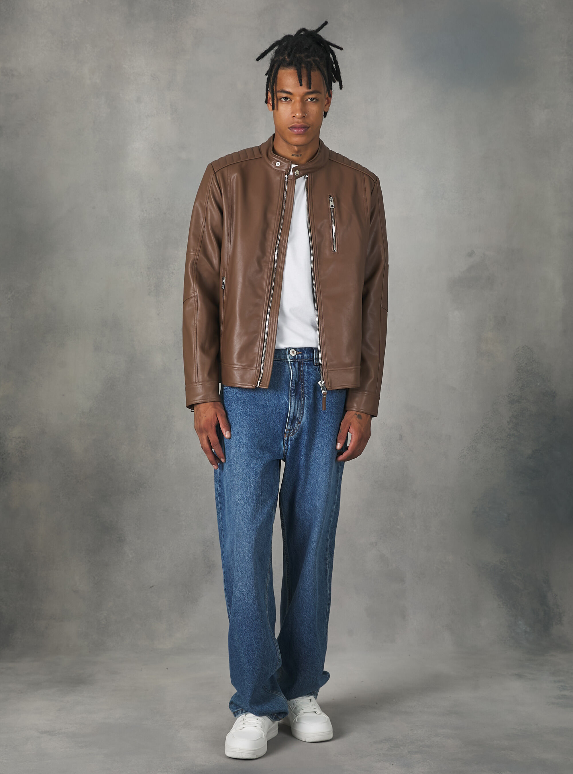 Mens slim fit faux leather jacket on sale