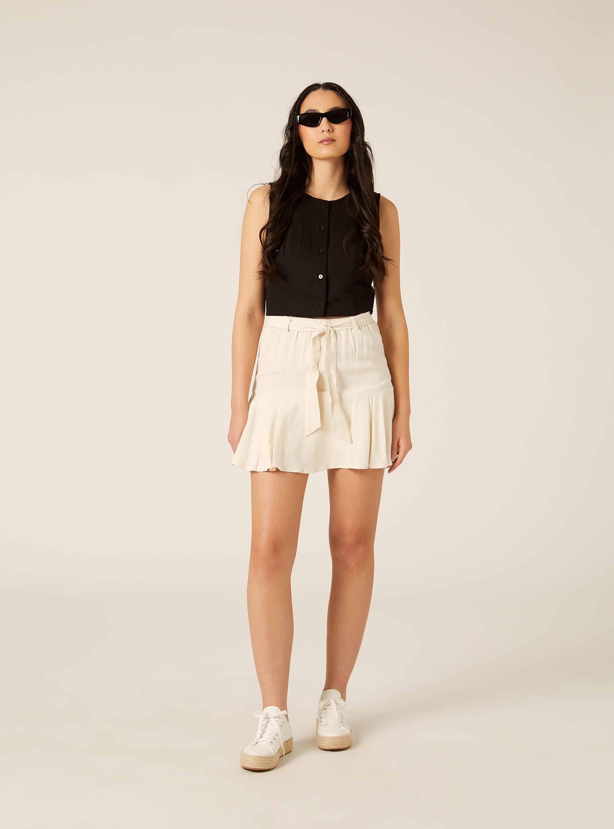 Falda-Pantal&oacute;n de Mezcla de Lino con Cintur&oacute;n de Lazo, MBG3 BEIGE MEL LIGHT