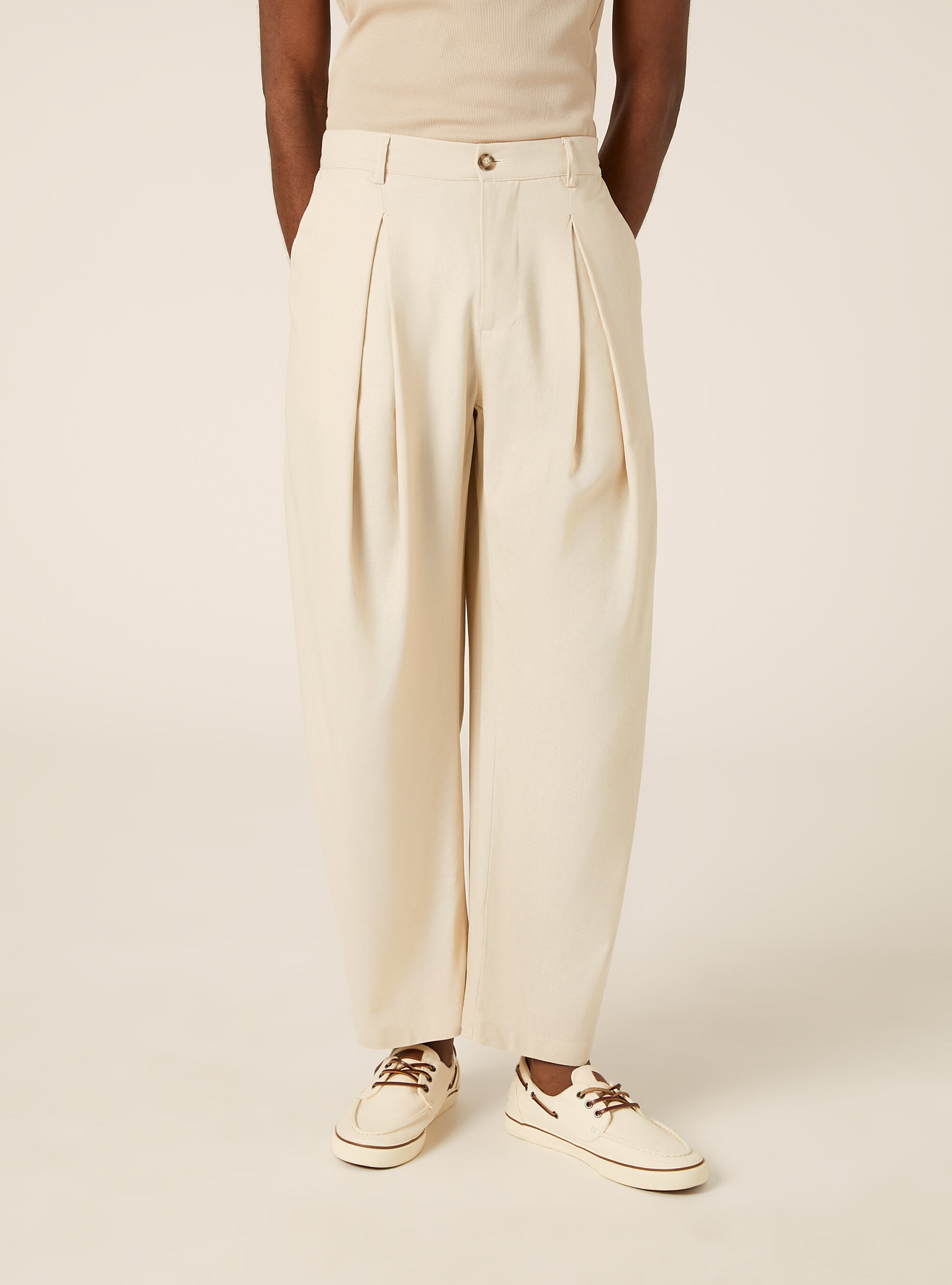 Pantaloni una pince in misto lino, BG2 BEIGE MEDIUM