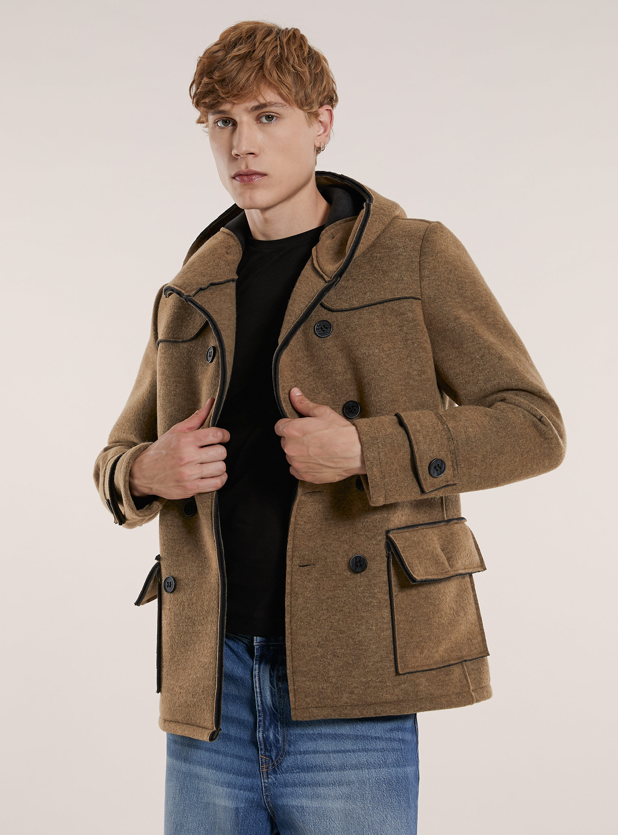 Double-breasted caban coat with hood, TB2 TOBACCO MEDIUM