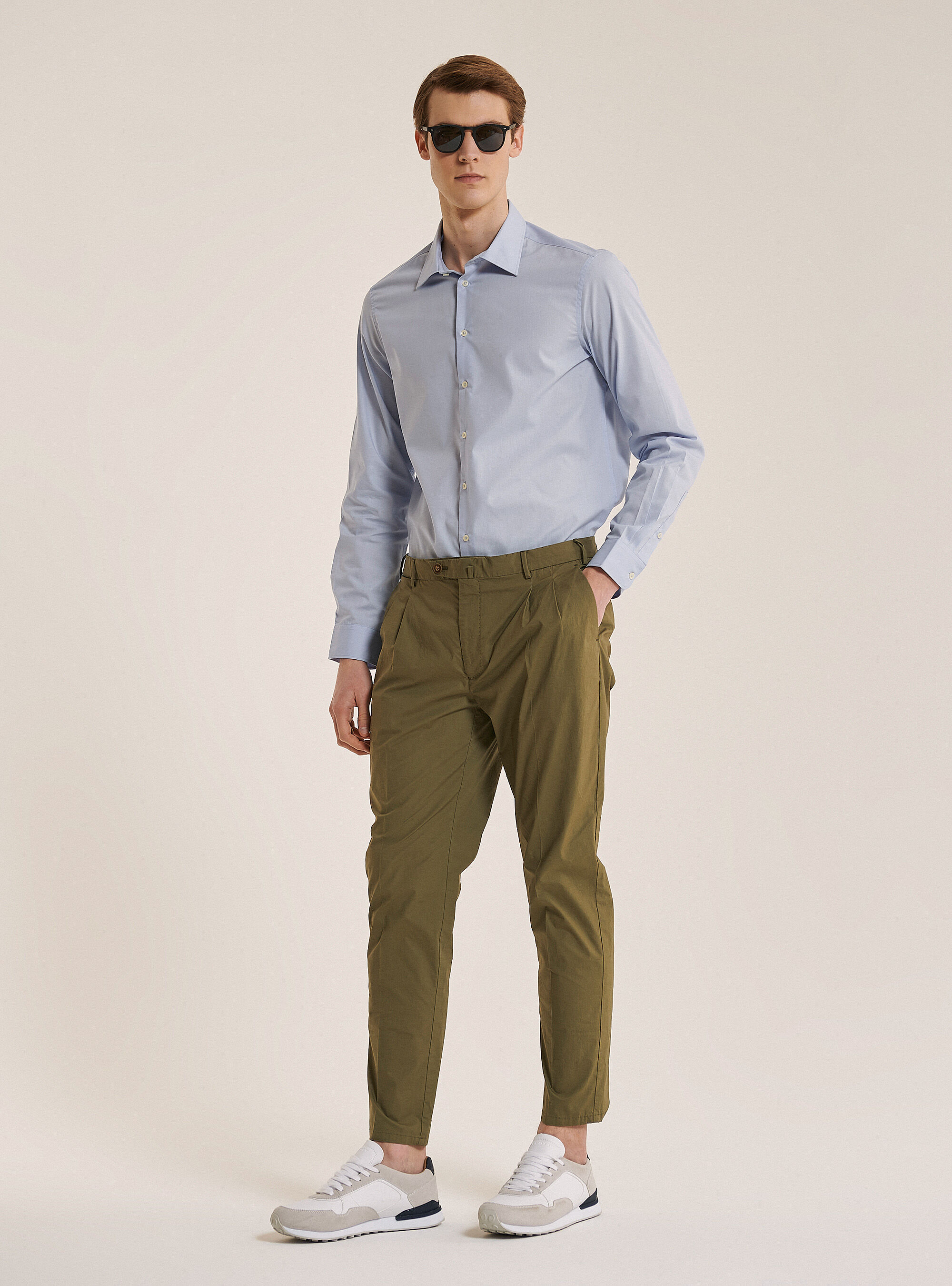 Pantalon en coton &agrave; double plis, C6583 KAKI