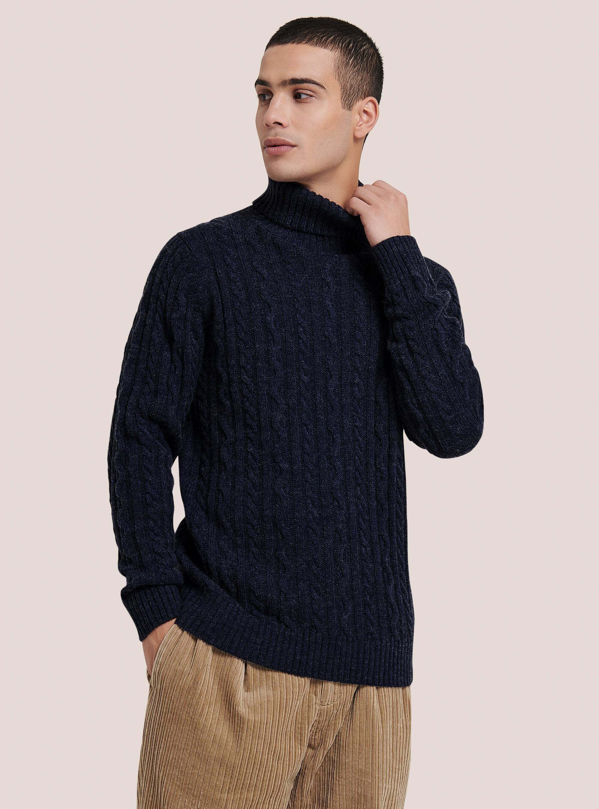 Pull col montant torsad&eacute; en laine m&eacute;lang&eacute;e, C218 BLUE NAVY