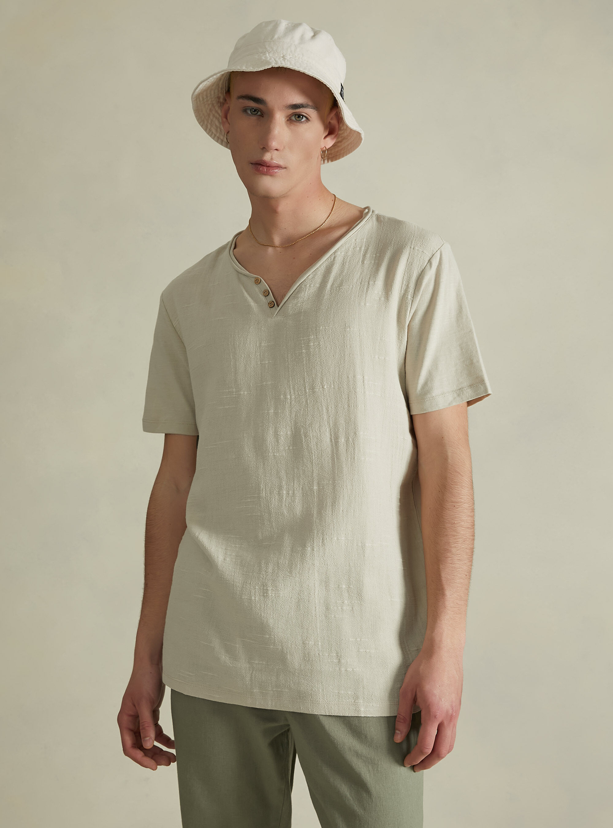 Linen blend V-neck T-shirt, BG3 BEIGE LIGHT