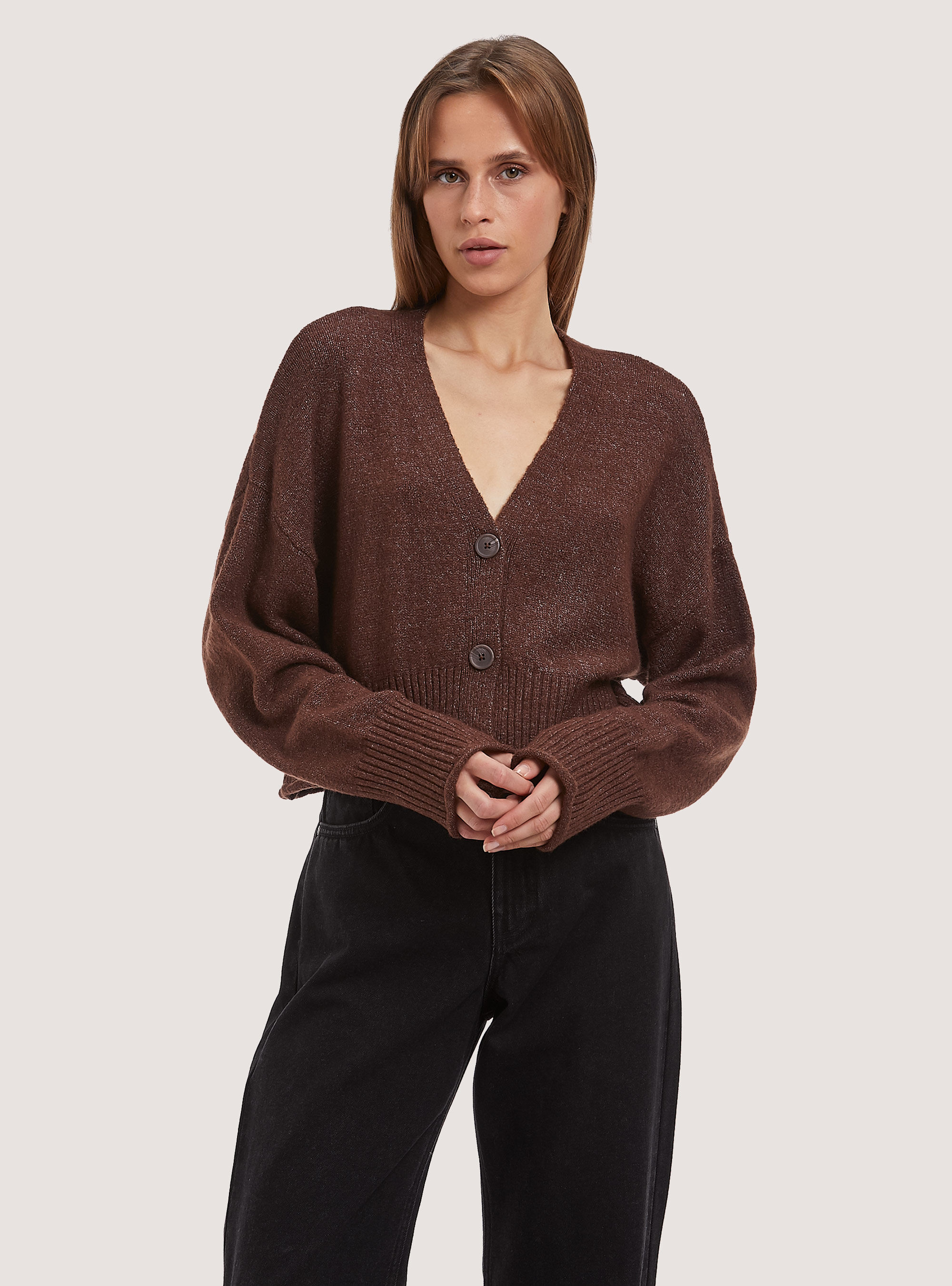 Pullover cardigan con scollo a V, BR2 BROWN MEDIUM