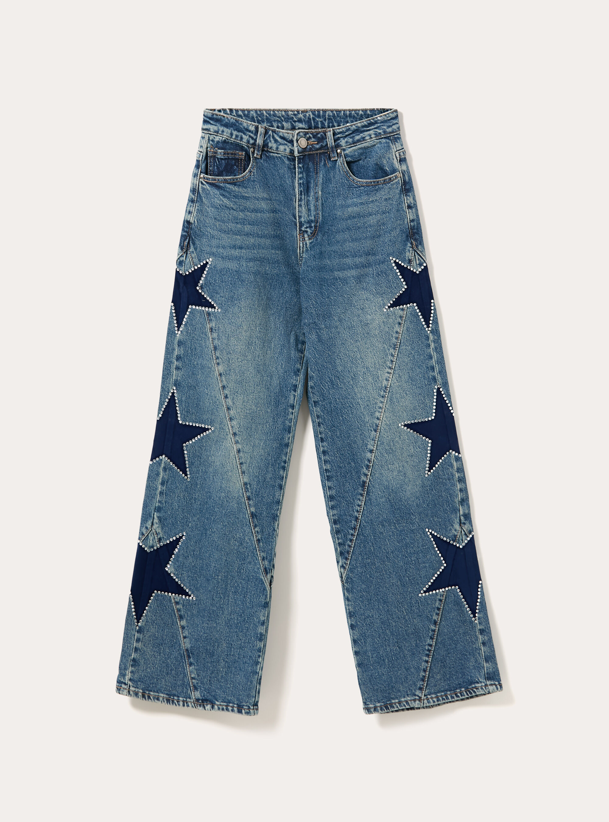 Jean coupe droite avec etoiles appliquees et strass, D002 MEDIUM DARK BLUE