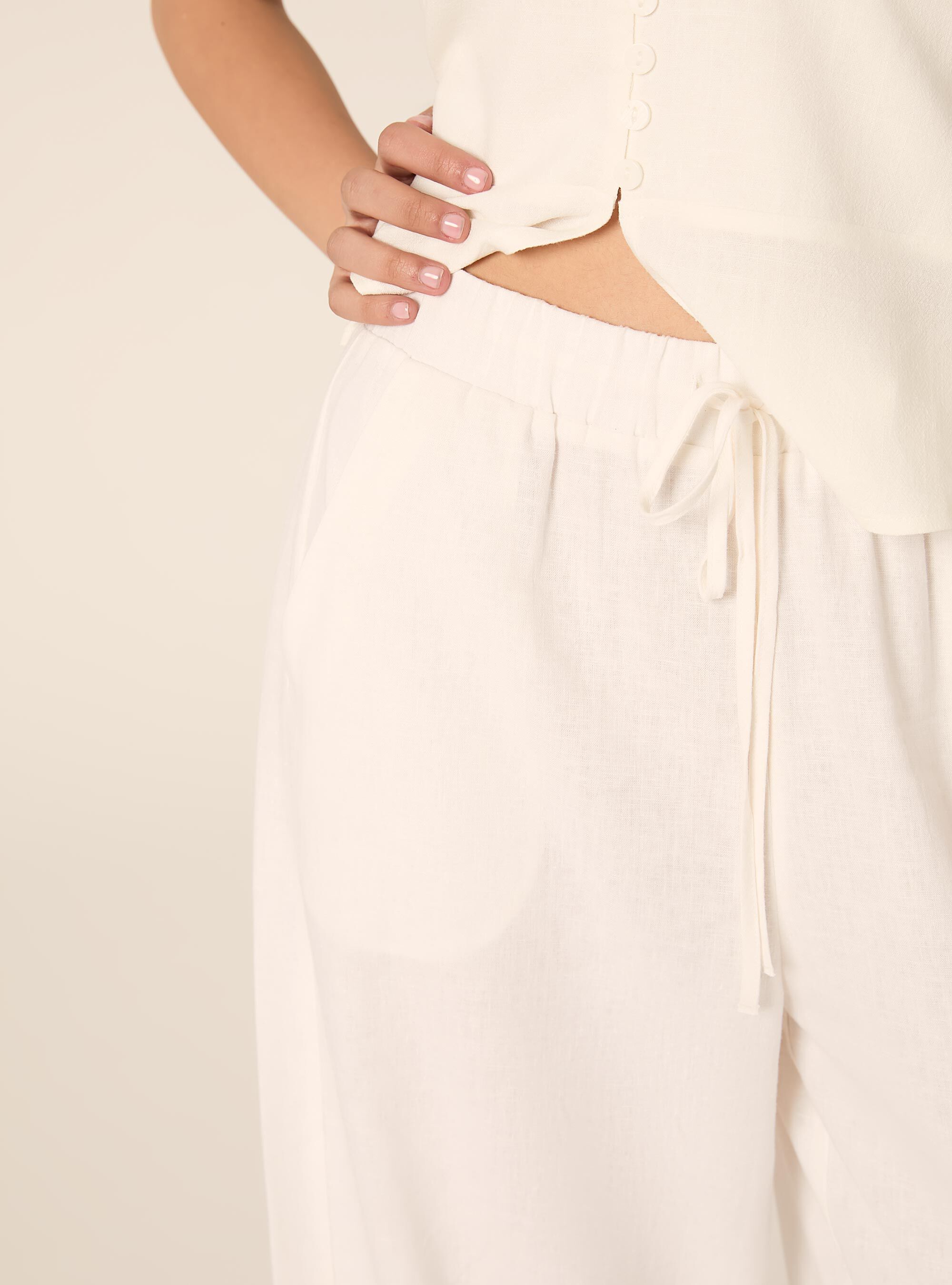 Pantaloni lunghi loose fit in misto lino, PANNA