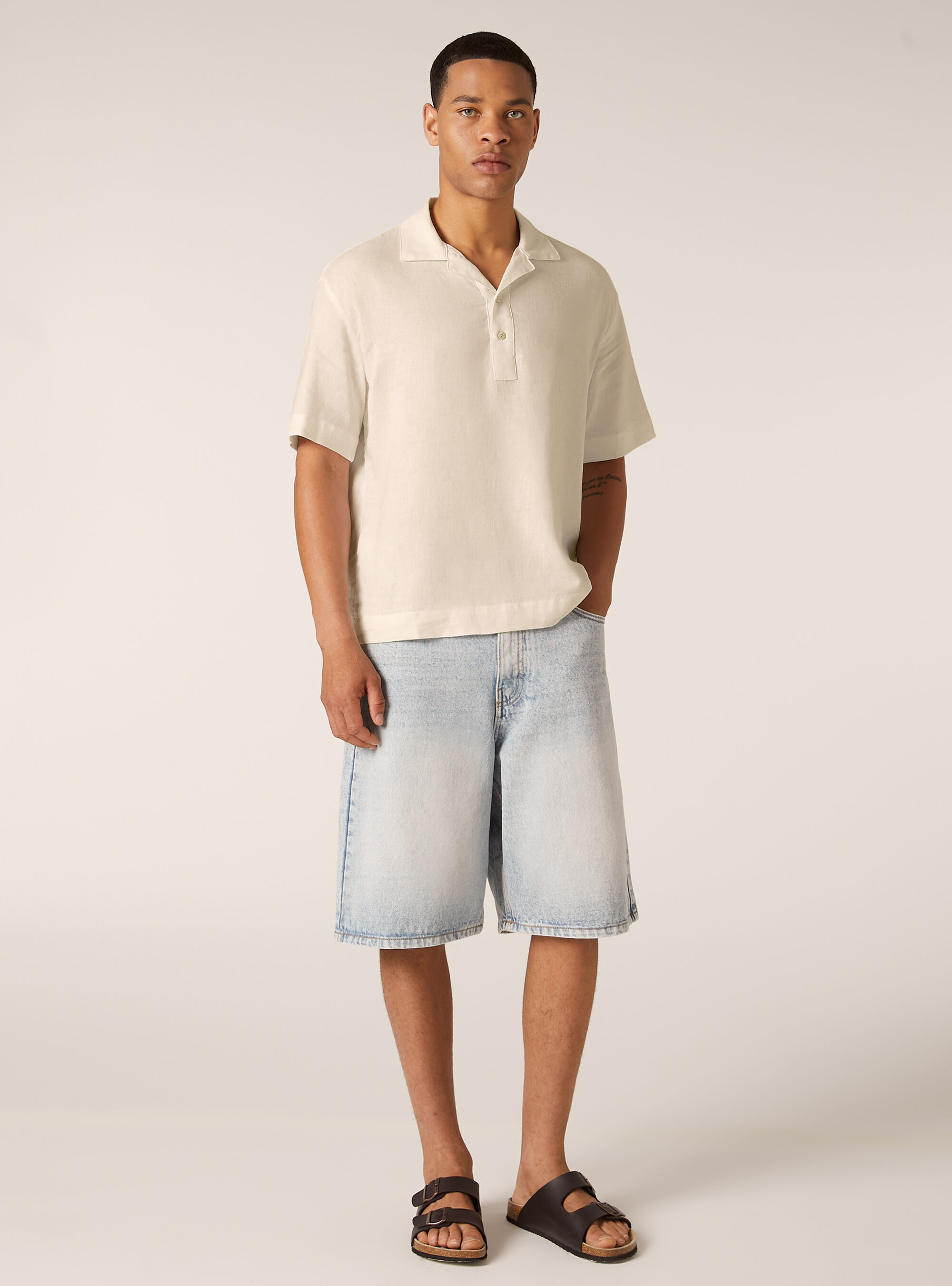 Camisa de manga corta en mezcla de lino, BG2 BEIGE MEDIUM