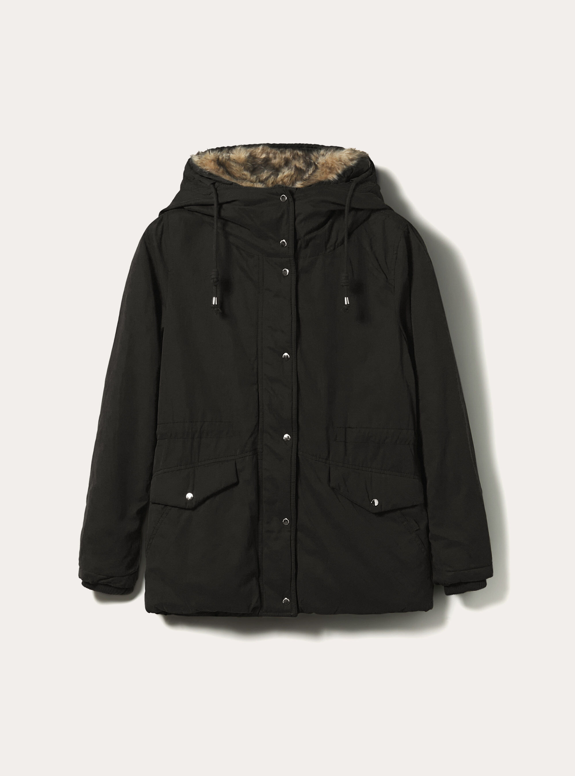 Padded parka jacket with fur hood, BLACK