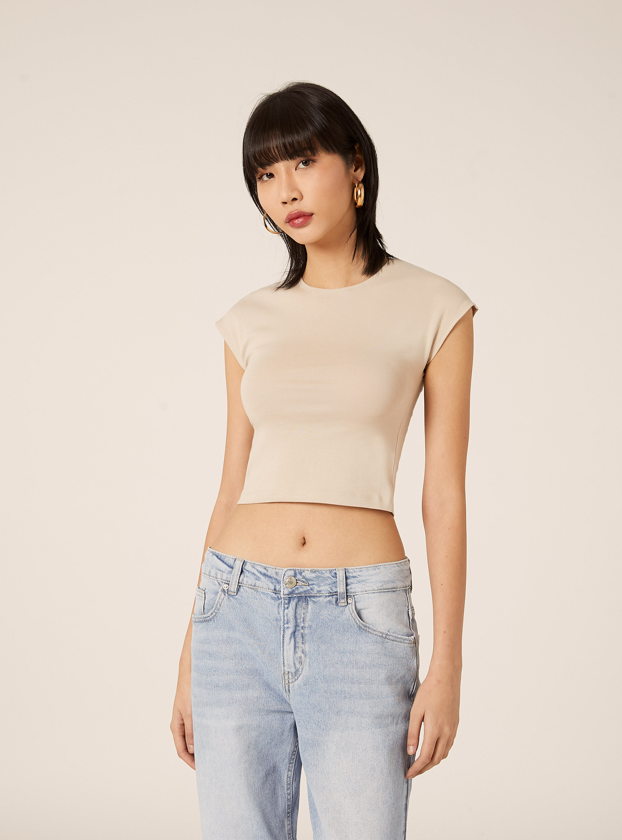 T-shirt crop con con maniche ad aletta, BG2 BEIGE MEDIUM