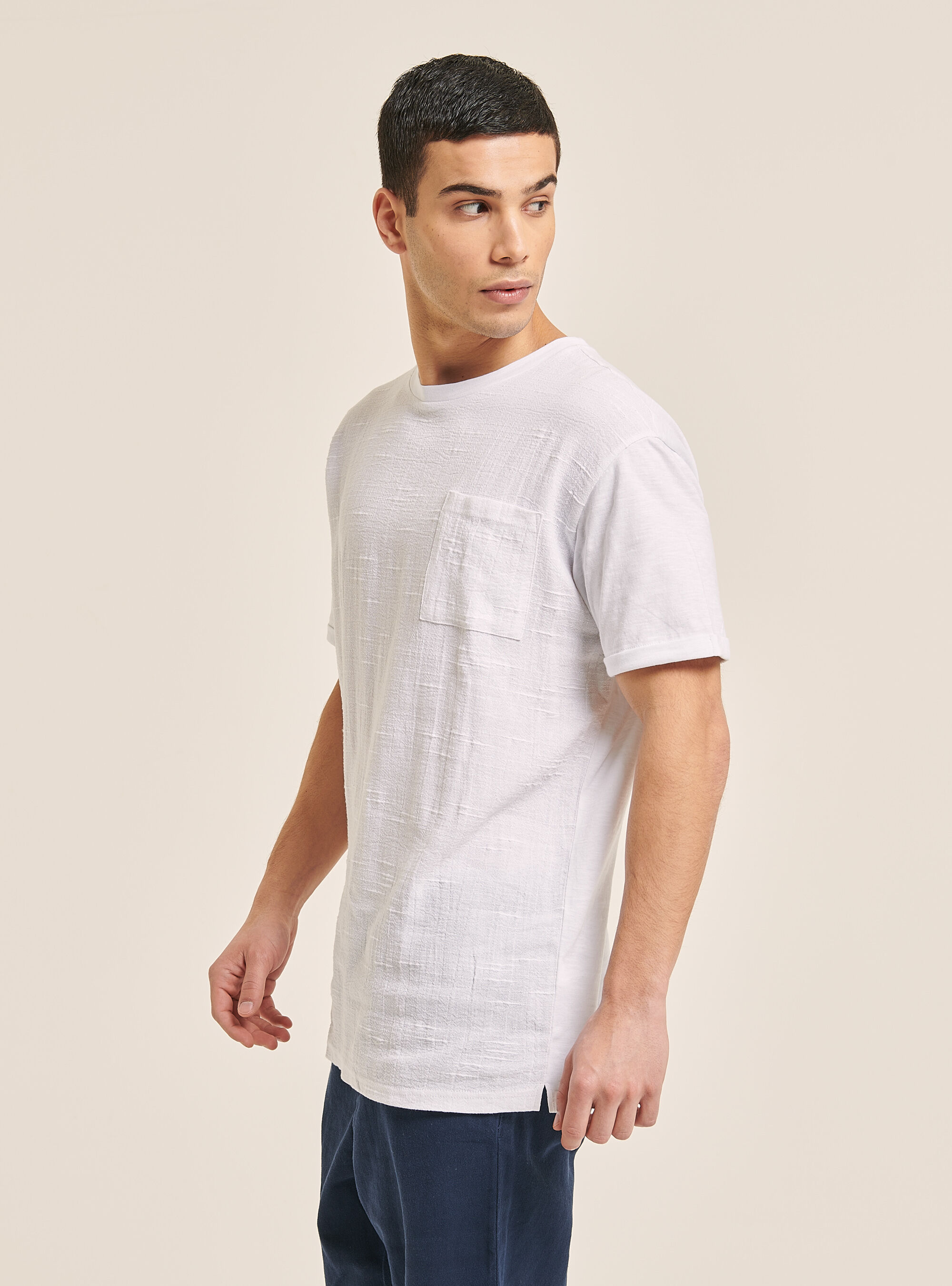 Maglietta in misto lino con taschino, BIANCO