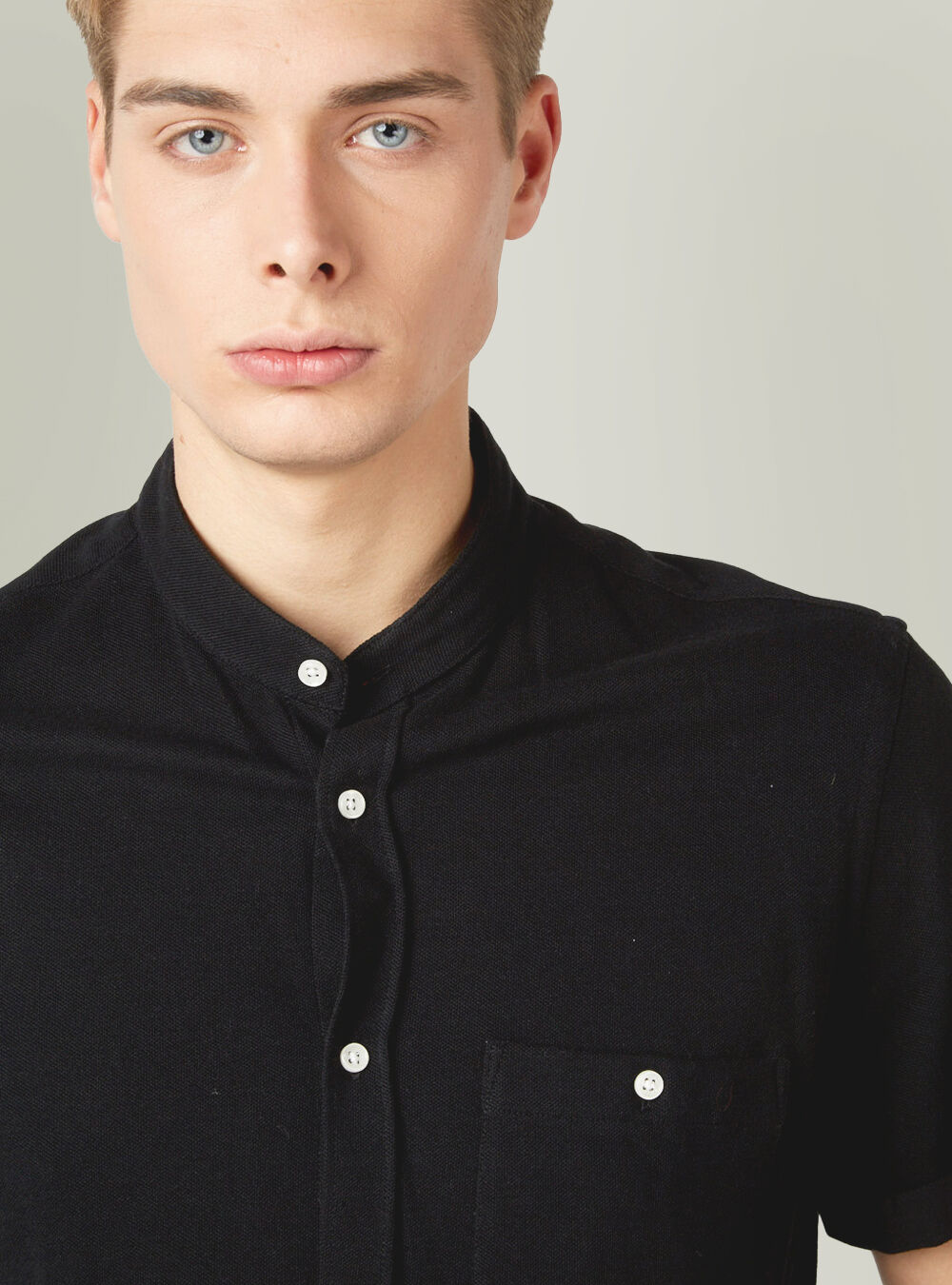 Camicia di piquet con collo coreano, BLACK